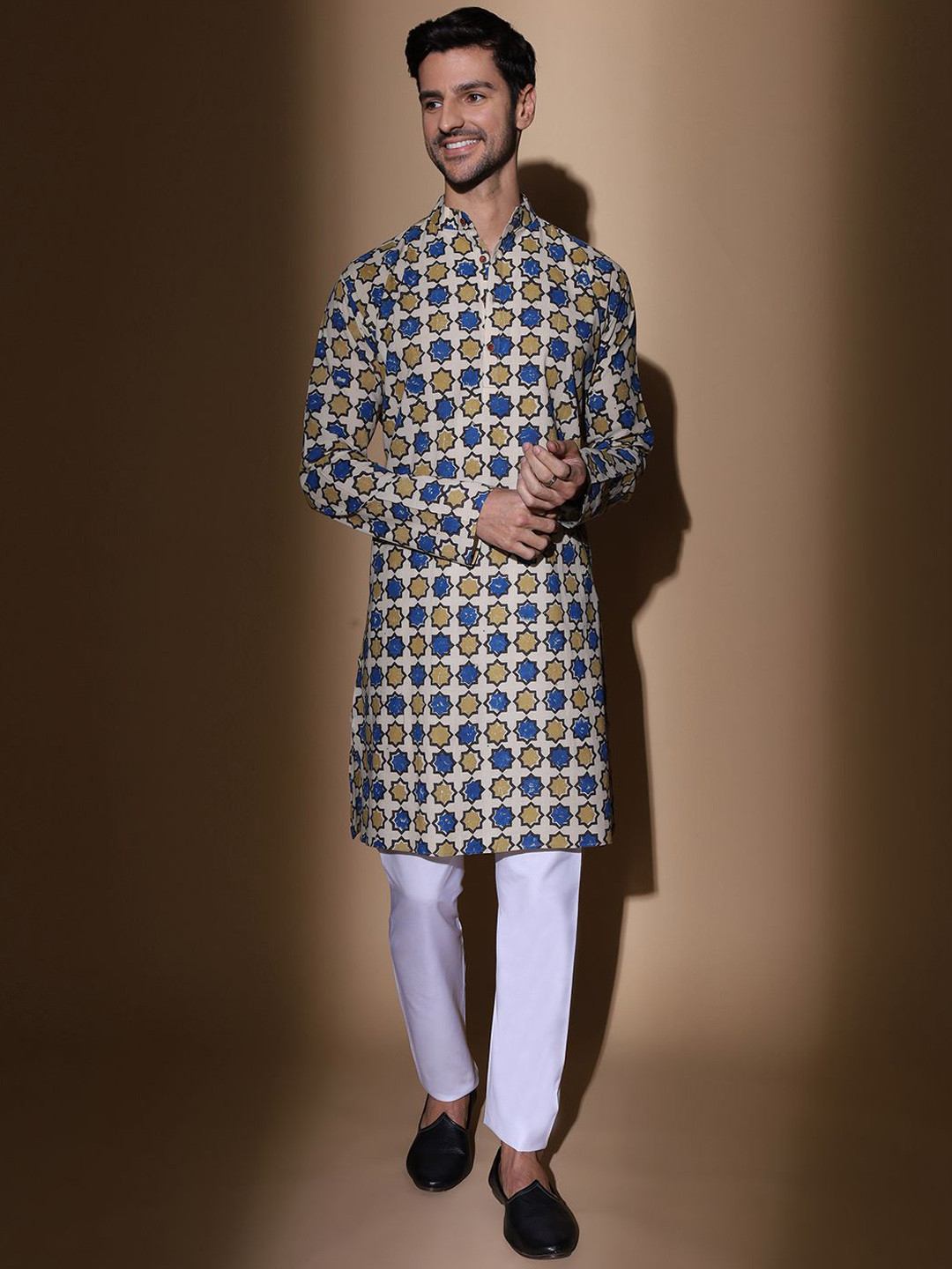 MOSHI Geometric Printed Band Collar Pure Cotton Straight Kurta