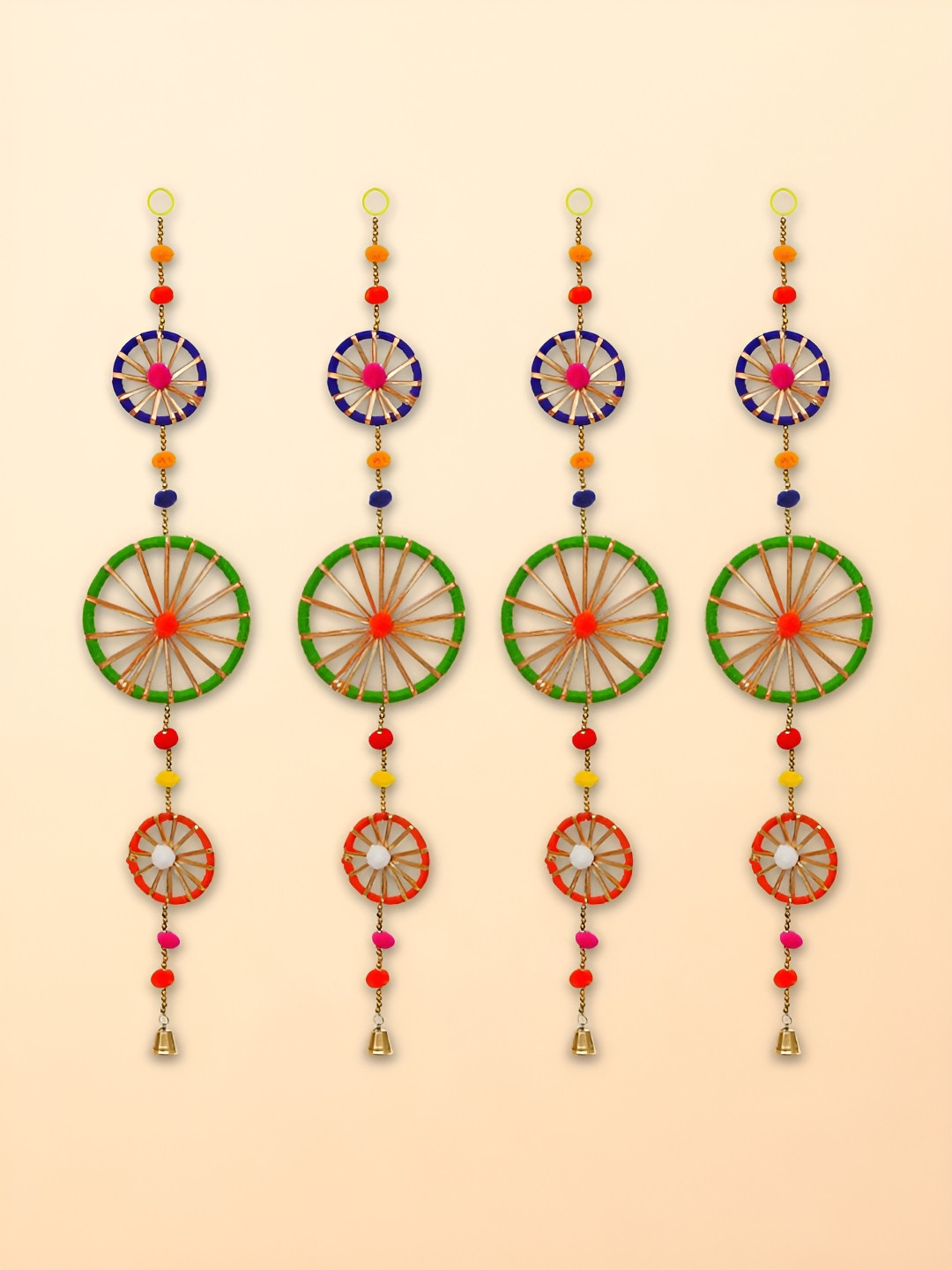 eCraftIndia Green & Orange 4 Pieces Rings With Pom-Pom Tassels Bell Wall Hangings Toran