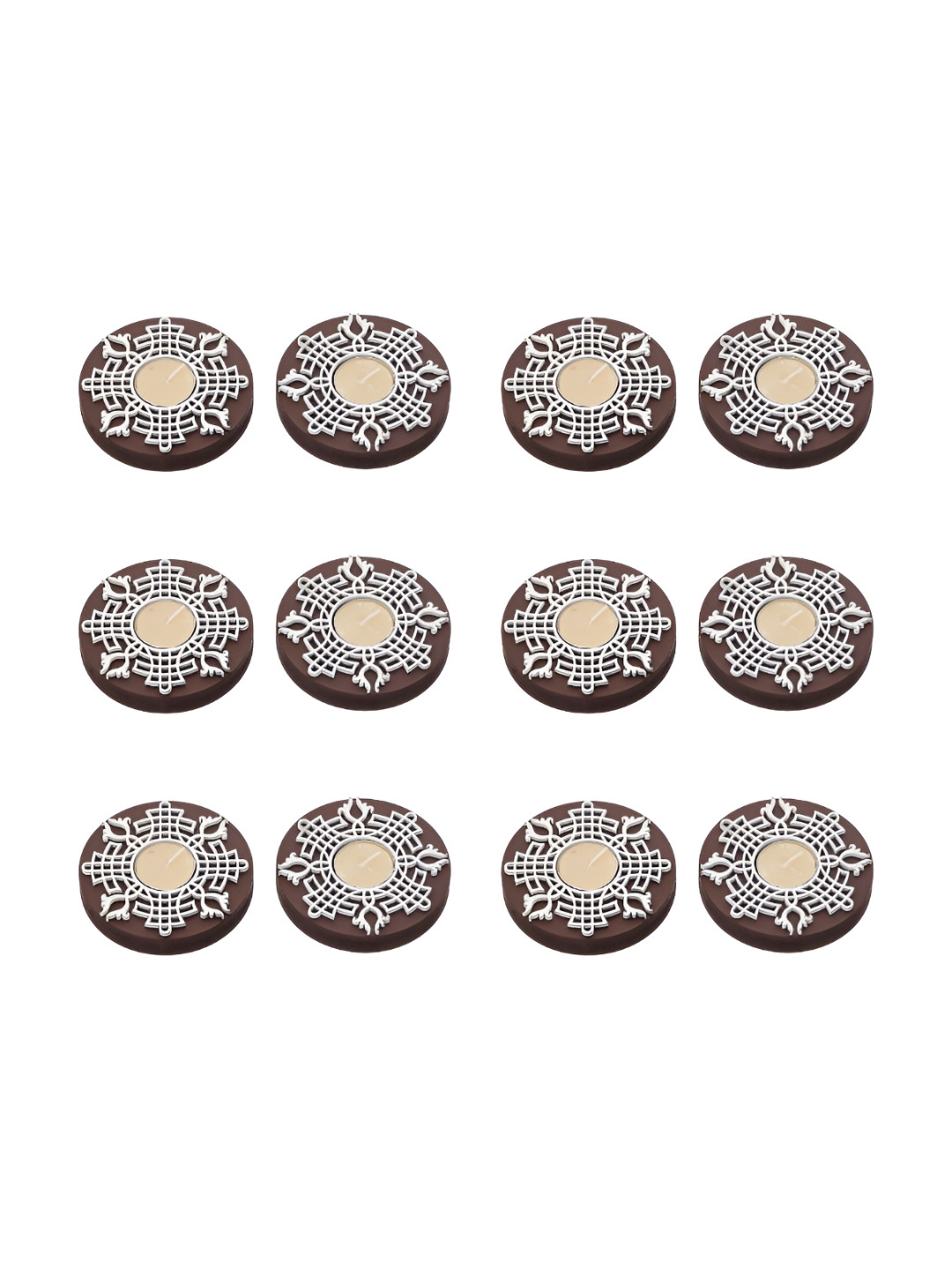 eCraftIndia Brown & White 12 Pieces Textured Wooden Block Print Tea Light Candle Holders
