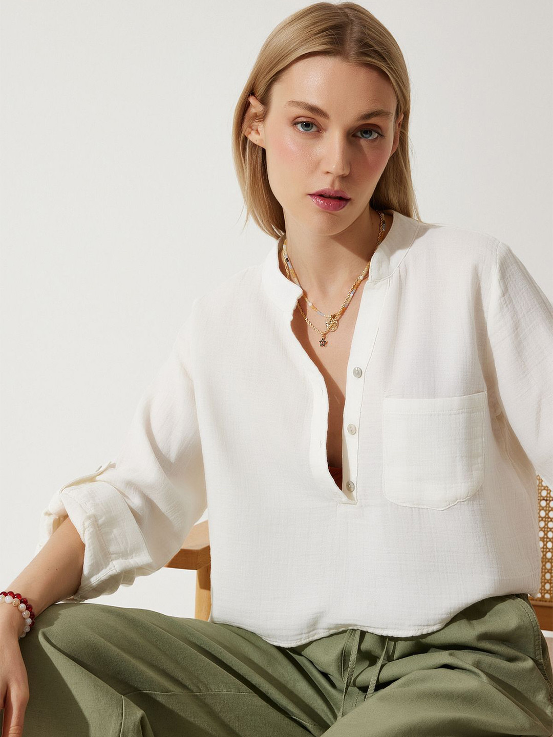 Happiness istanbul Mandarin Collar Cotton Shirt Style Top