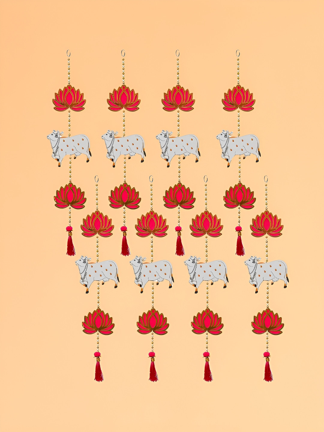eCraftIndia Lotus, Cow, Beads, Tassel Metal Tasselled Hall 8Pcs Wall Hangings-24.4In