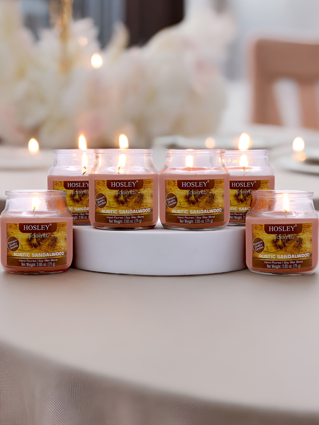 HOSLEY Highly Fragranced 6Pcs 1 Wick Rustic Sandalwood Solid Geometric Regular Jar Candles