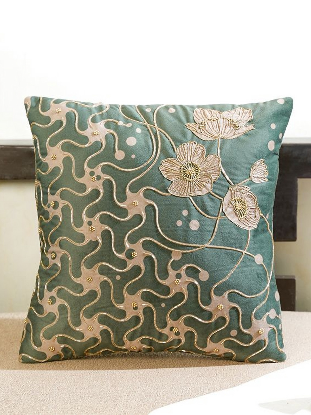 Mid July Home Gilded Garden Green & Beige Floral Embellished Velvet Square Cushion Cover