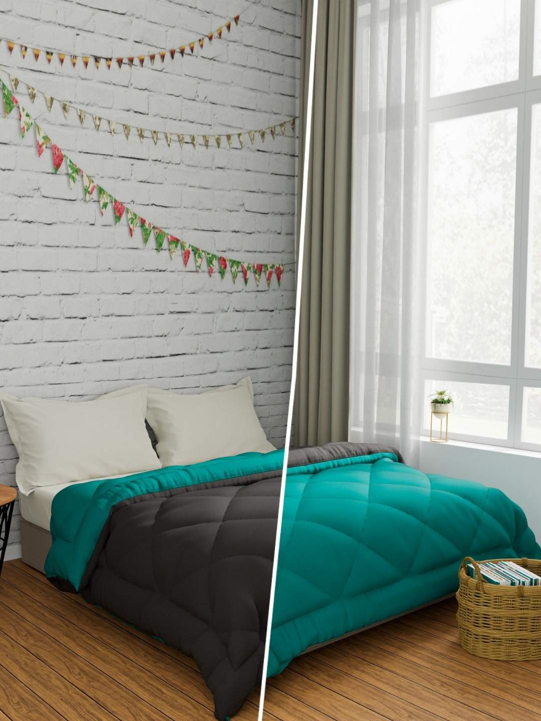 LA VERNE Turquoise Blue Geometric Microfiber Heavy Winter 350 GSM Double Bed Comforter