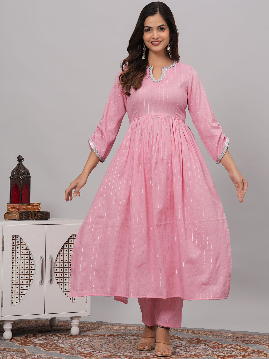 TFP Women Striped High Slit Gotta Patti Kurta with Trousers