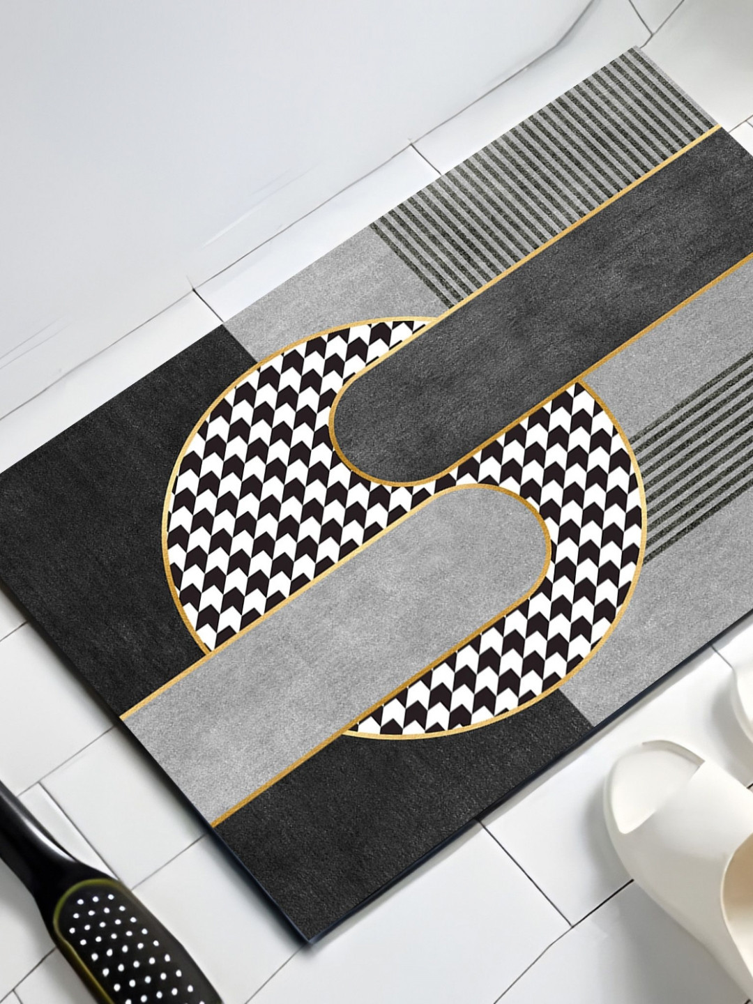 UMAI Black & Grey 2 Pieces Printed Rectangle Anti-Skid 210 GSM Bath Rug