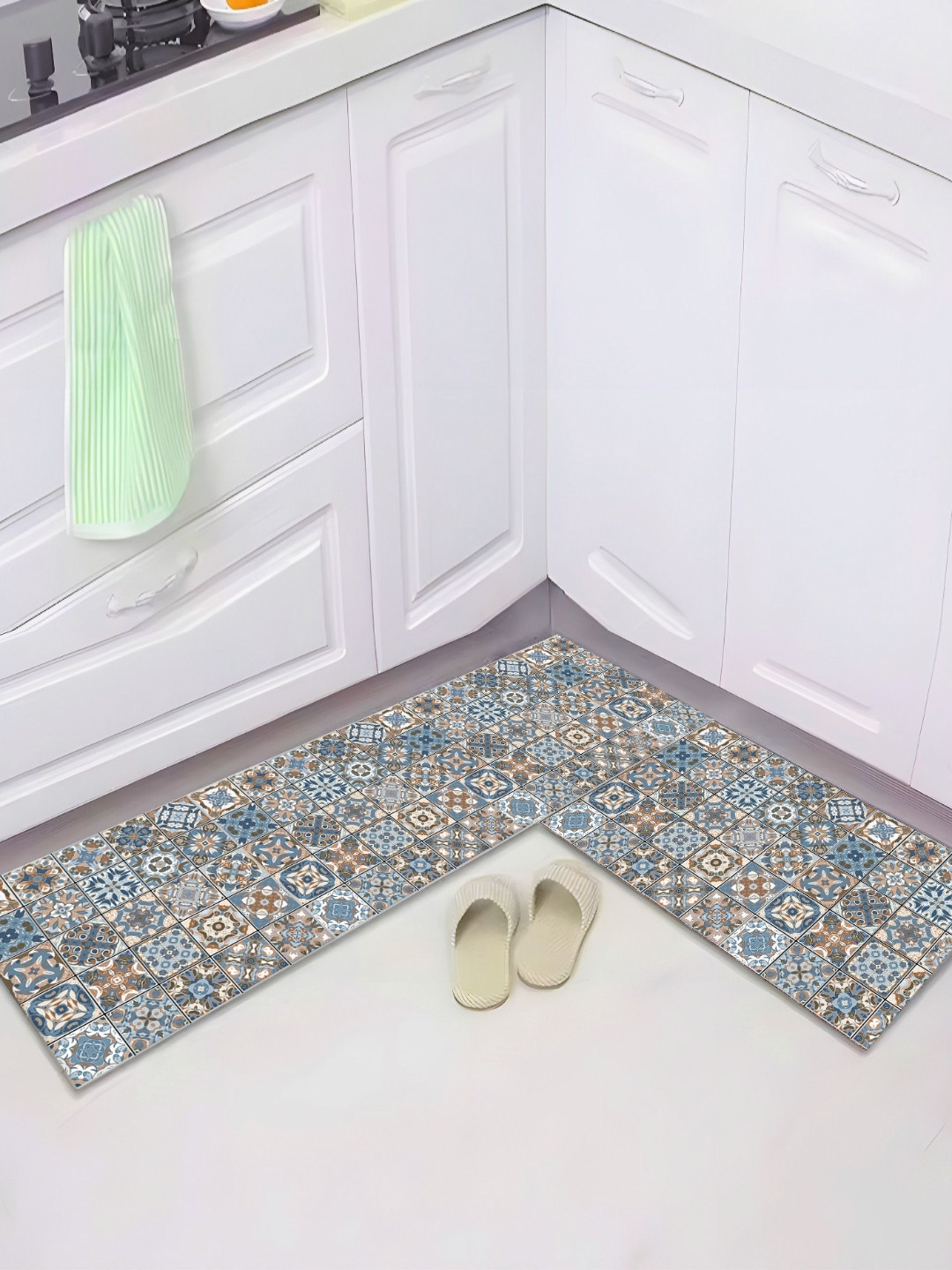 UMAI Blue & Beige-Colour 2 Pieces Printed Rectangle Anti-Skid 210 GSM Bath Rug
