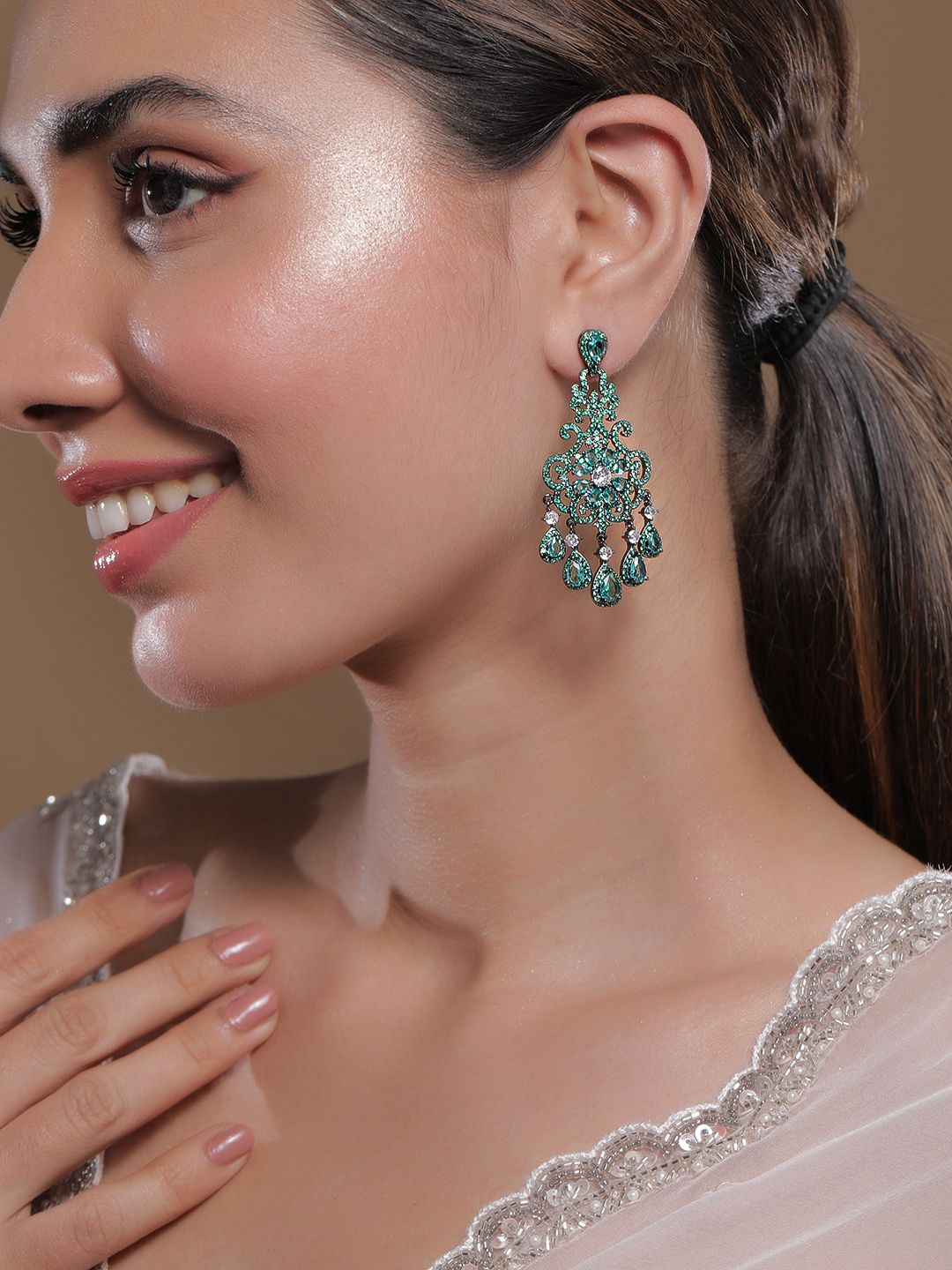 Rubans Rhodium Plated Blackish Tone Aqua & Emerald AD & Cubic Zirconia Studded Chandelier - Earrings for Women 30729288 | Myntra