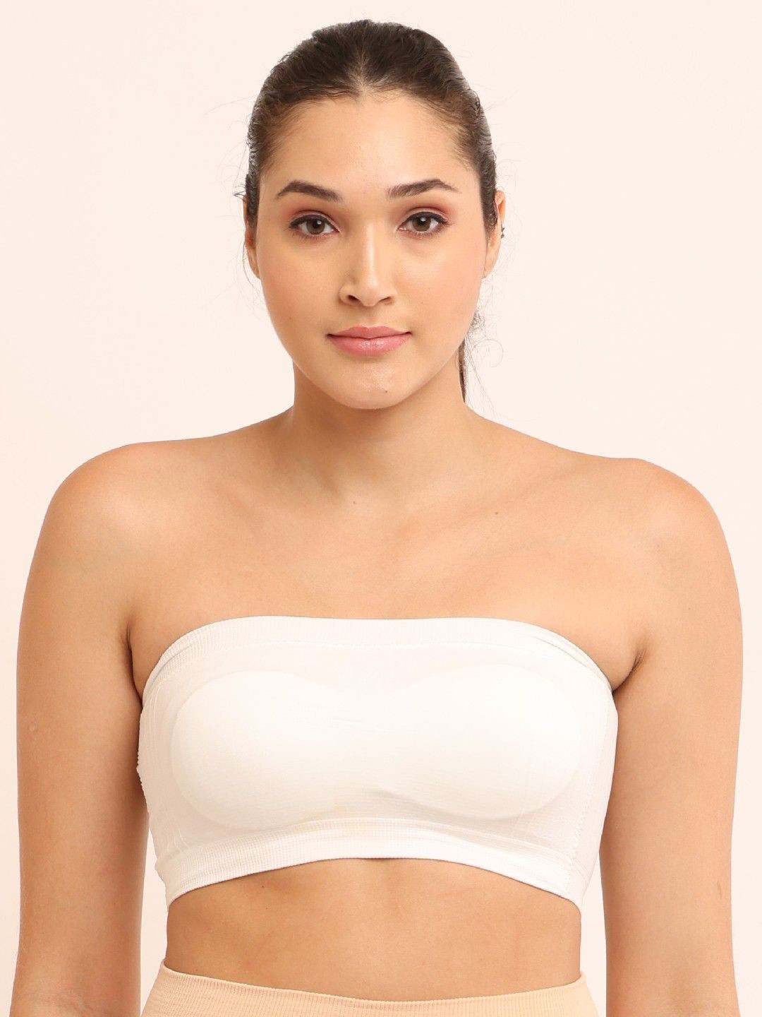 Poftik Free Stretchable White Seamless Full Coverage Lightly Padded Non-Wired Bandeau Bra
