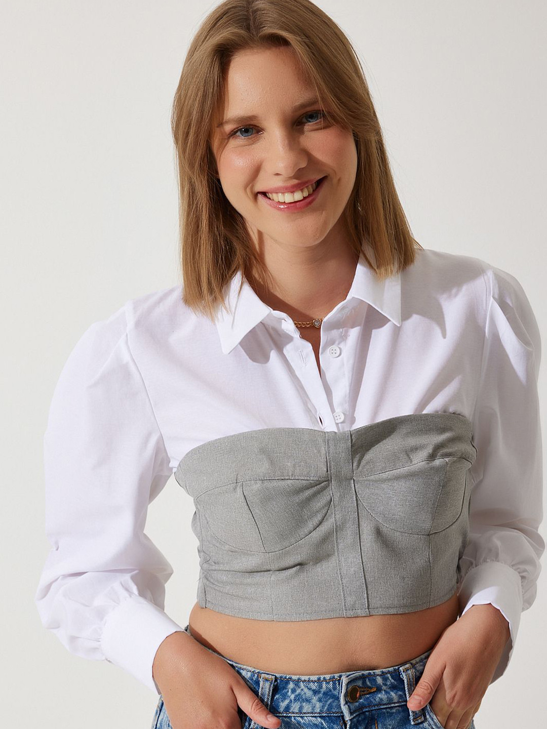 Happiness istanbul Shirt Style Crop Top