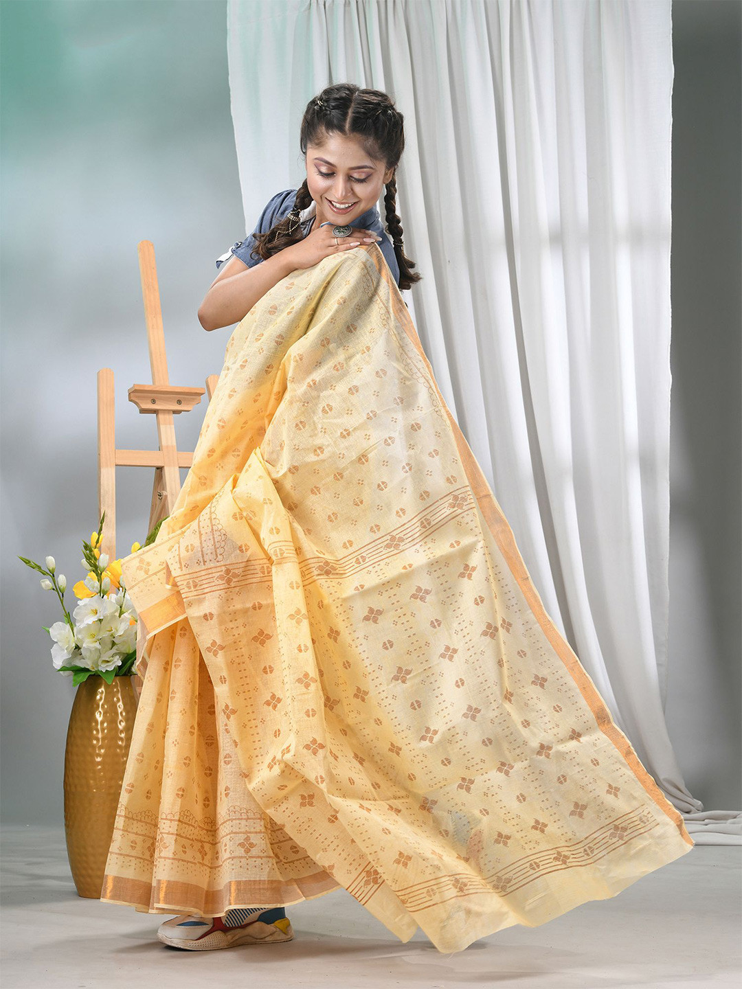 TANTLOOM Ethnic Motifs Pure Cotton Taant Saree