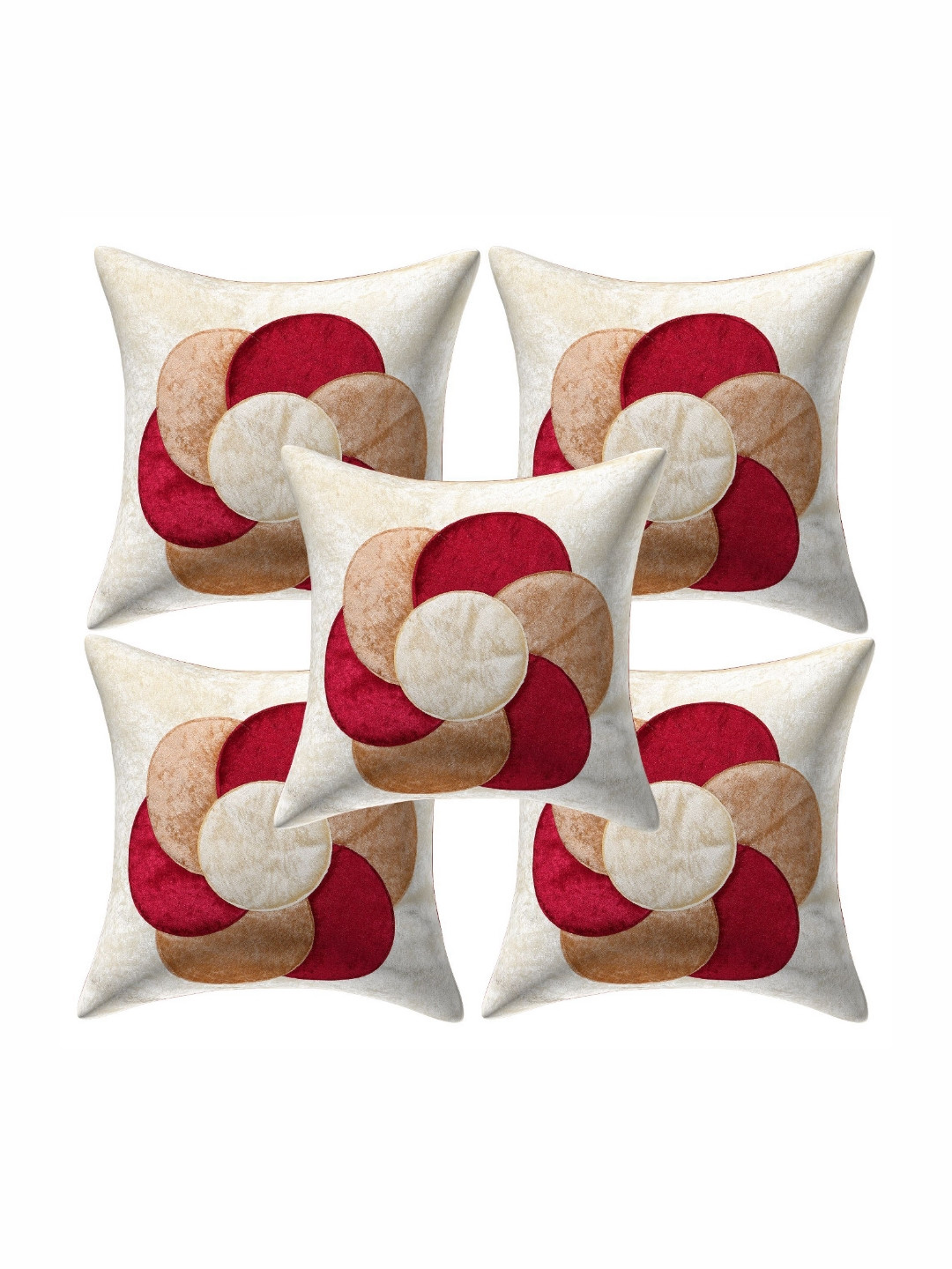 Creeva Cream-Coloured & Red 5 Pieces Floral Printed Velvet Square Cushion Covers