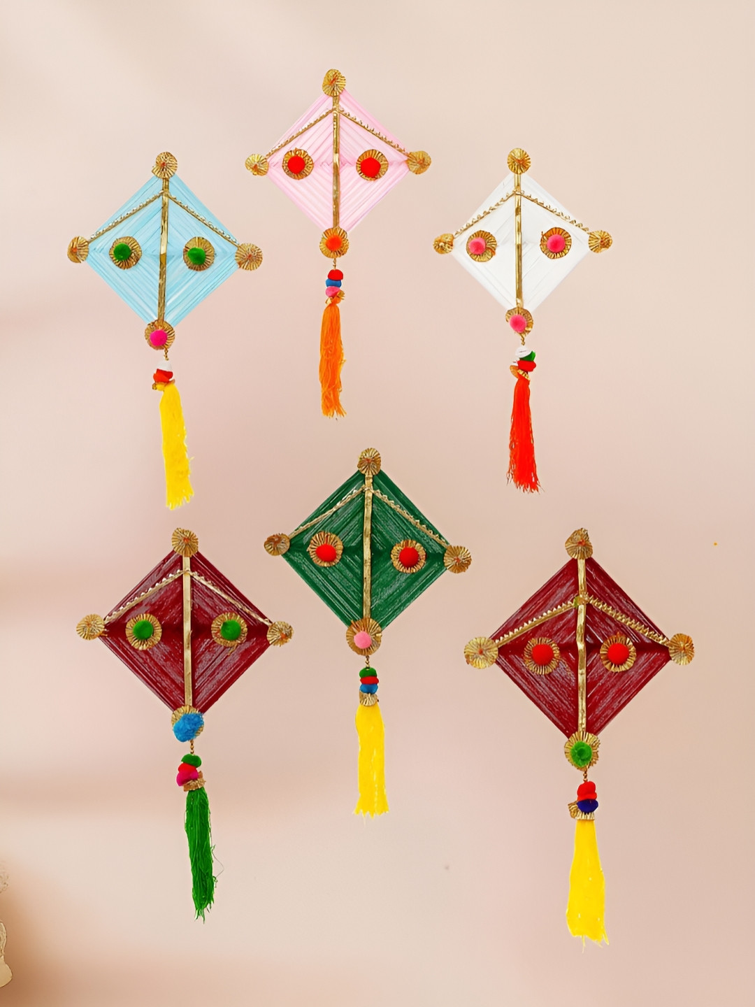 eCraftIndia Blue & Pink 6 Pieces Woollen Kite Hangings