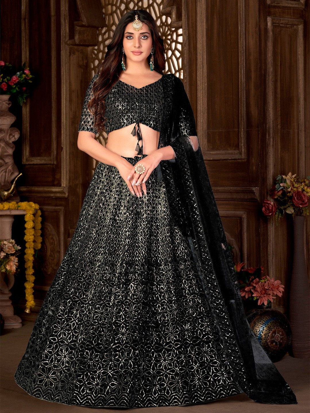 VARNI FABRICS Embroidered Thread Work Semi-Stitched Lehenga & Unstitched Blouse With Dupatta