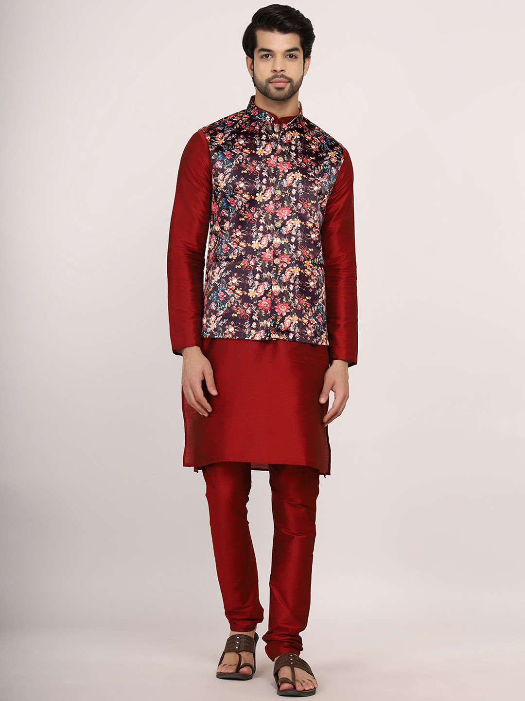 Sadree Mandarin Collar Dupion Silk Kurta With Churidar And Nehru Jacket