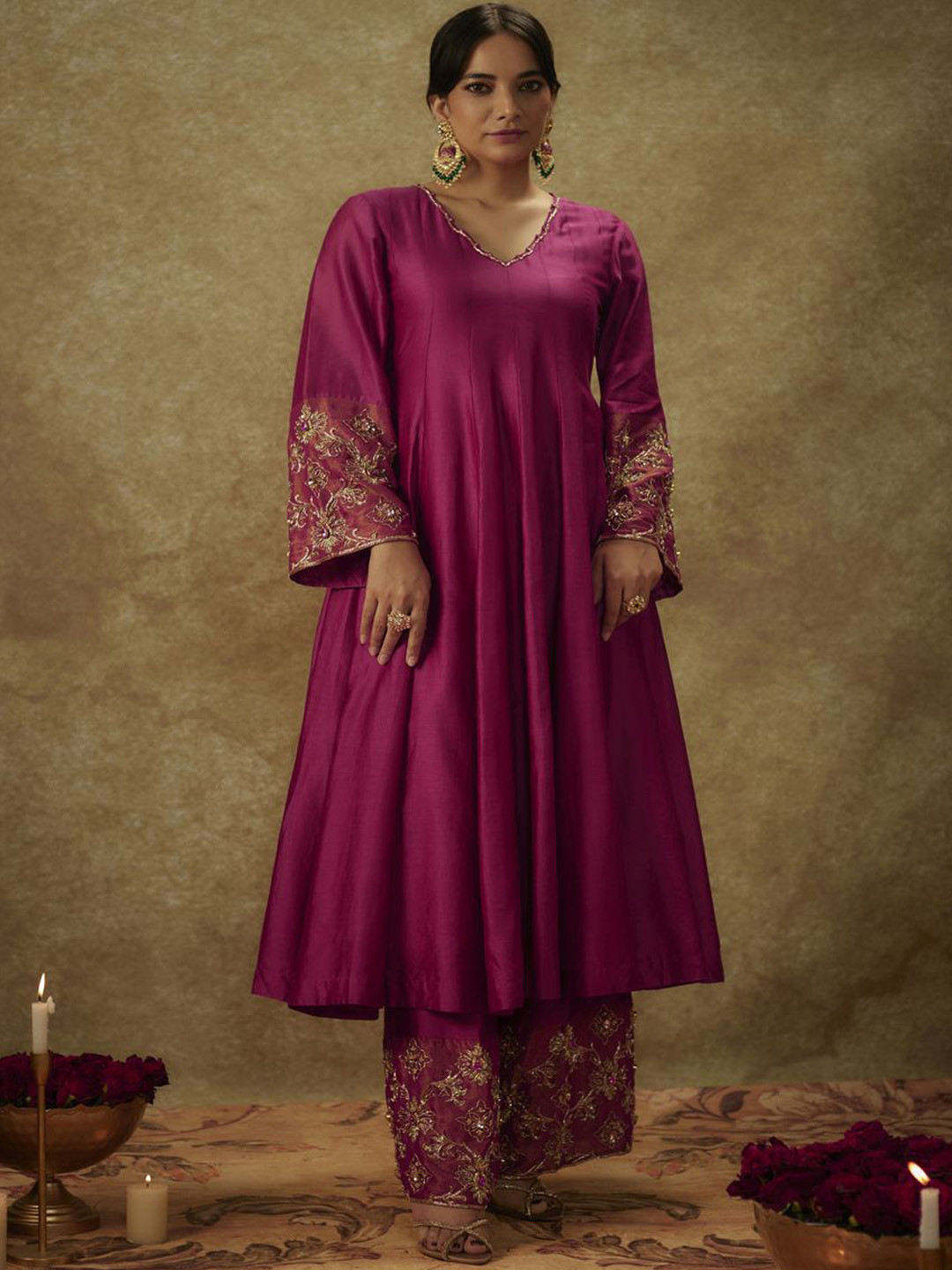 The Aarya Plus Size Thread Work Chanderi Silk Anarkali Kurta with Palazzos & Dupatta