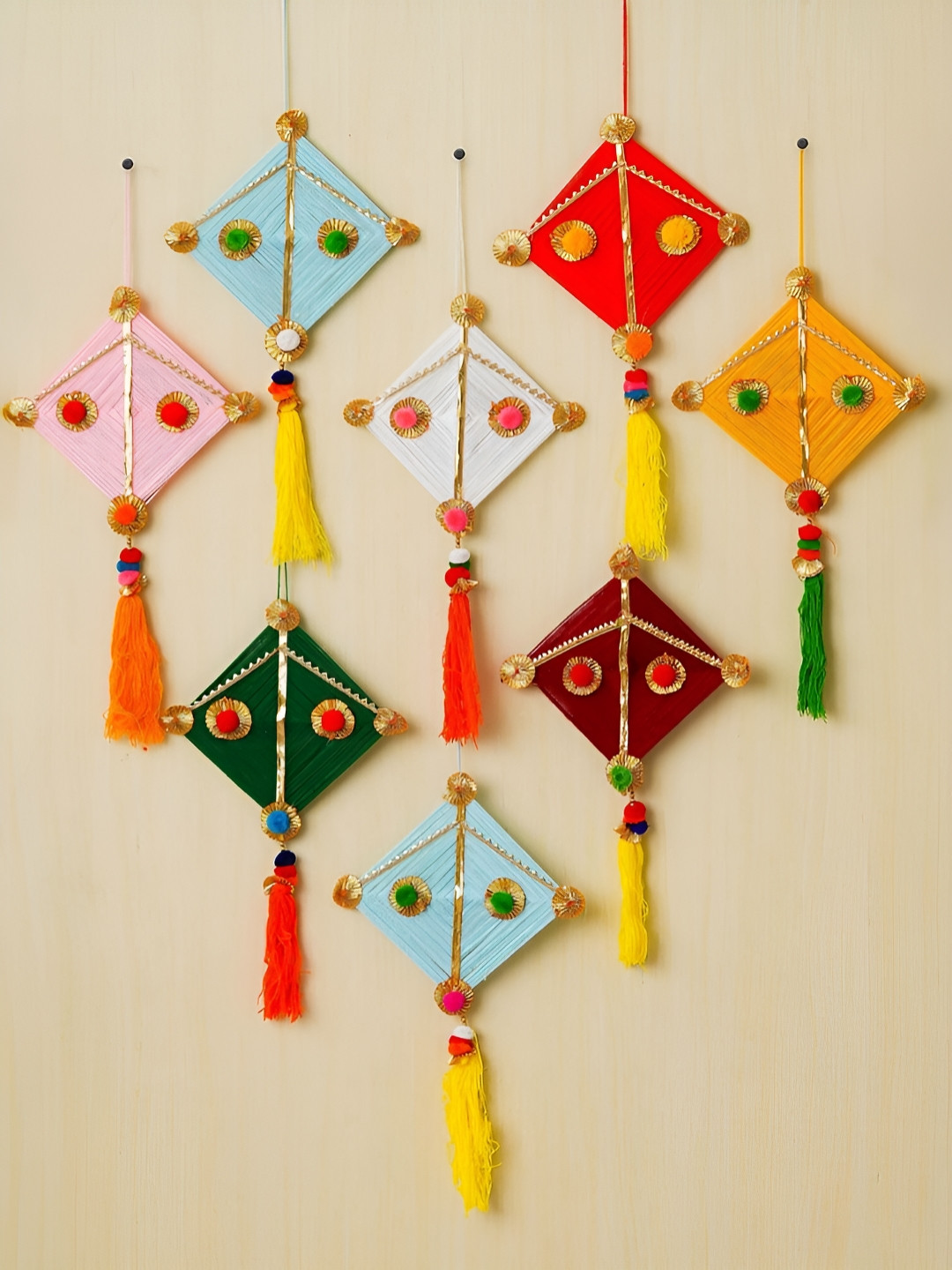 eCraftIndia White & Orange 8 Pieces Woollen  Kite Hanging Decoration