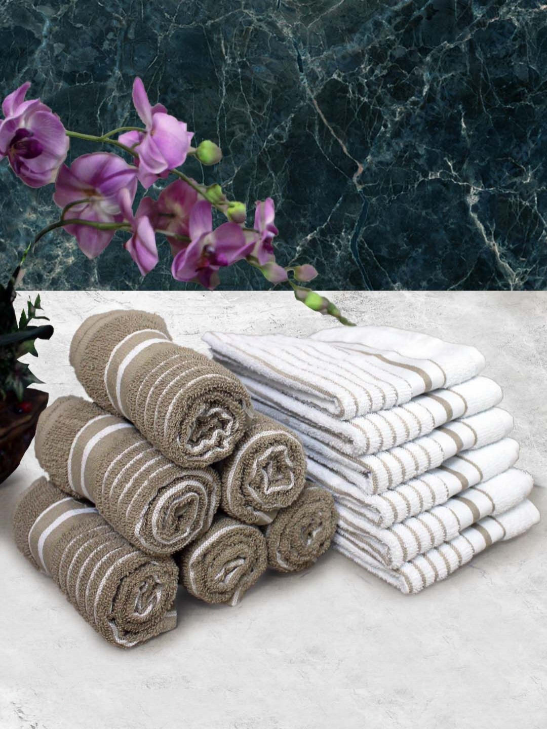 Aura White & Brown 16 Pieces Striped Pure Cotton 150 GSM Hand Towels