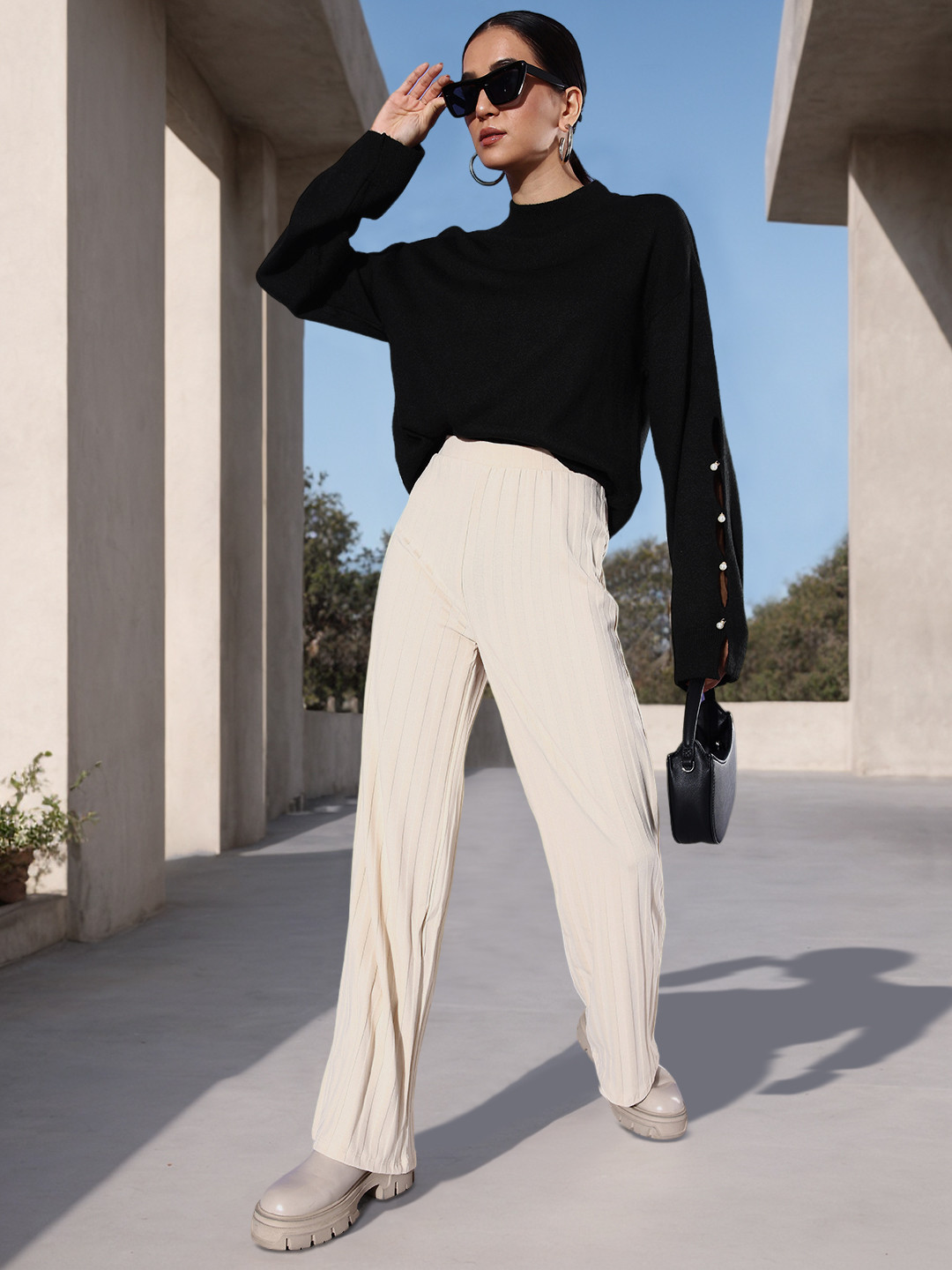 Mast & Harbour Round Neck Open-Knitted Acrylic Pullover