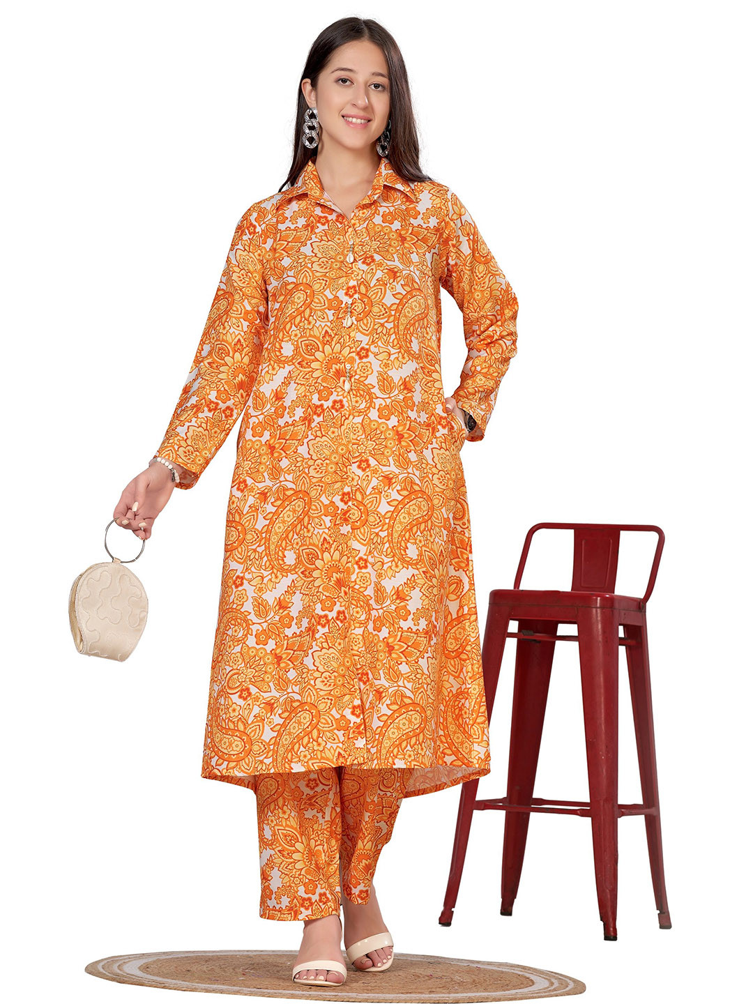 FAB GALAXY Women Ethnic Motifs Printed Regular Beads and Stones Kurta with Trousers