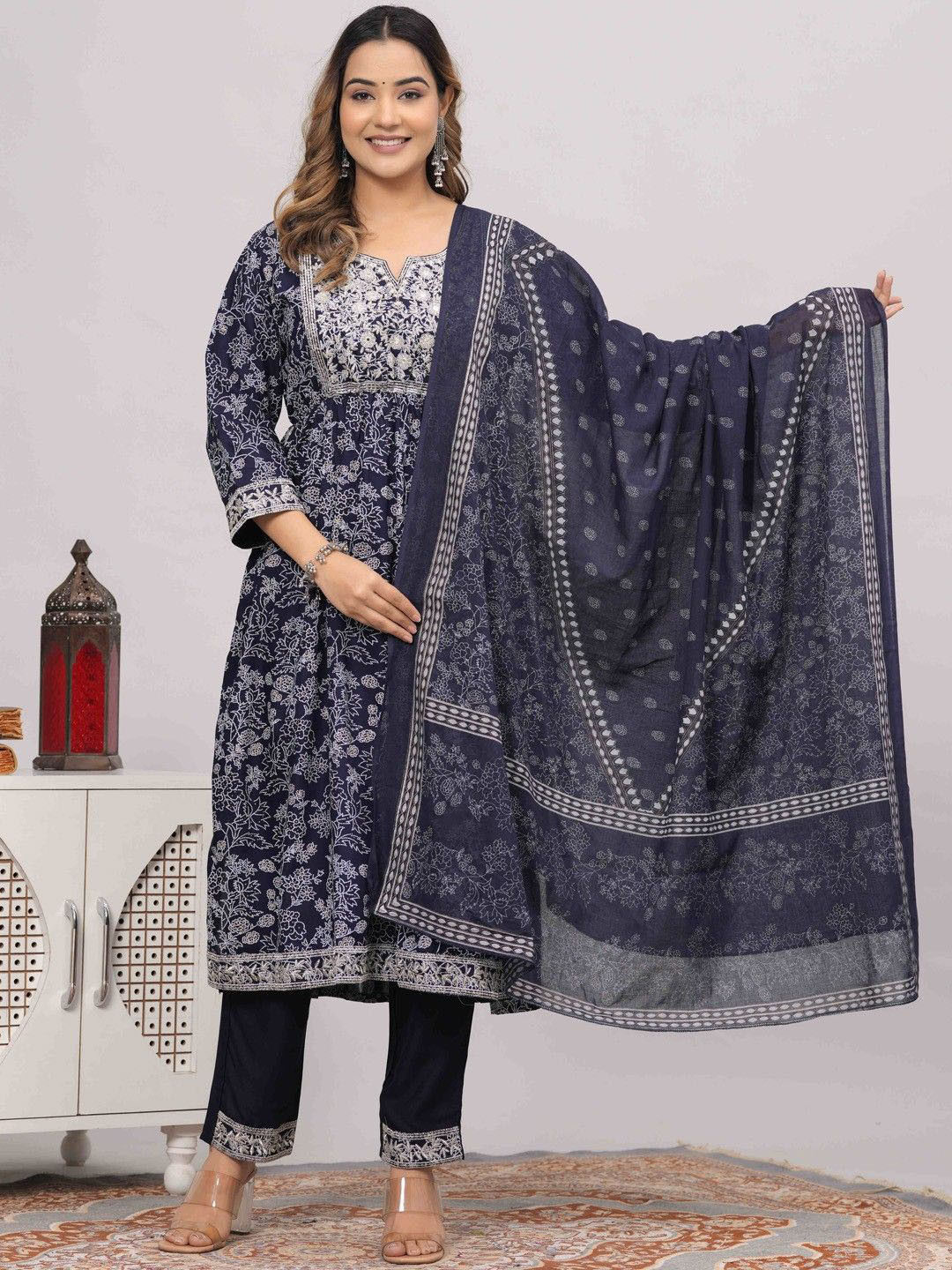 Parth Fab Floral Embroidered Thread Work Anarkali Kurta With Trousers & Dupatta