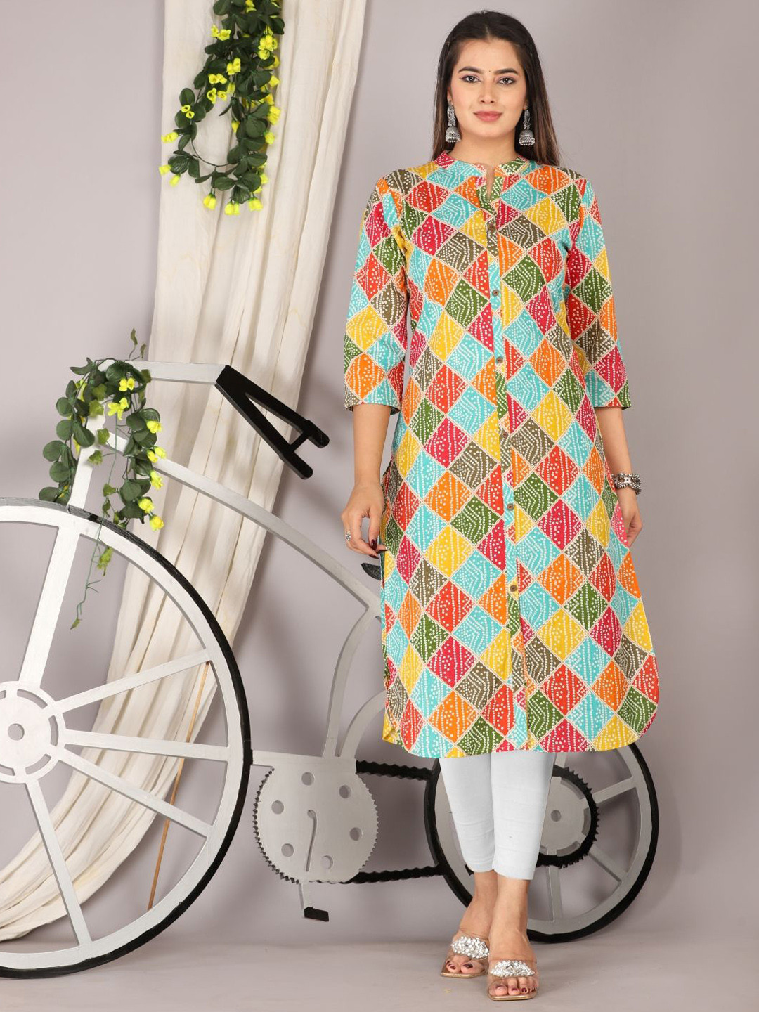 Mehsoos Geometric Printed Mandarin Collar Cotton Straight Kurta