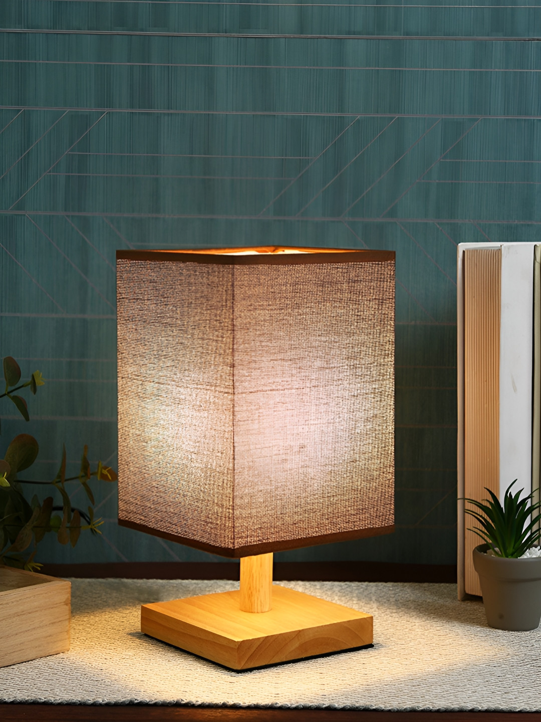 TAYHAA Brown Textured Wooden Contemporary Square Table Lamp