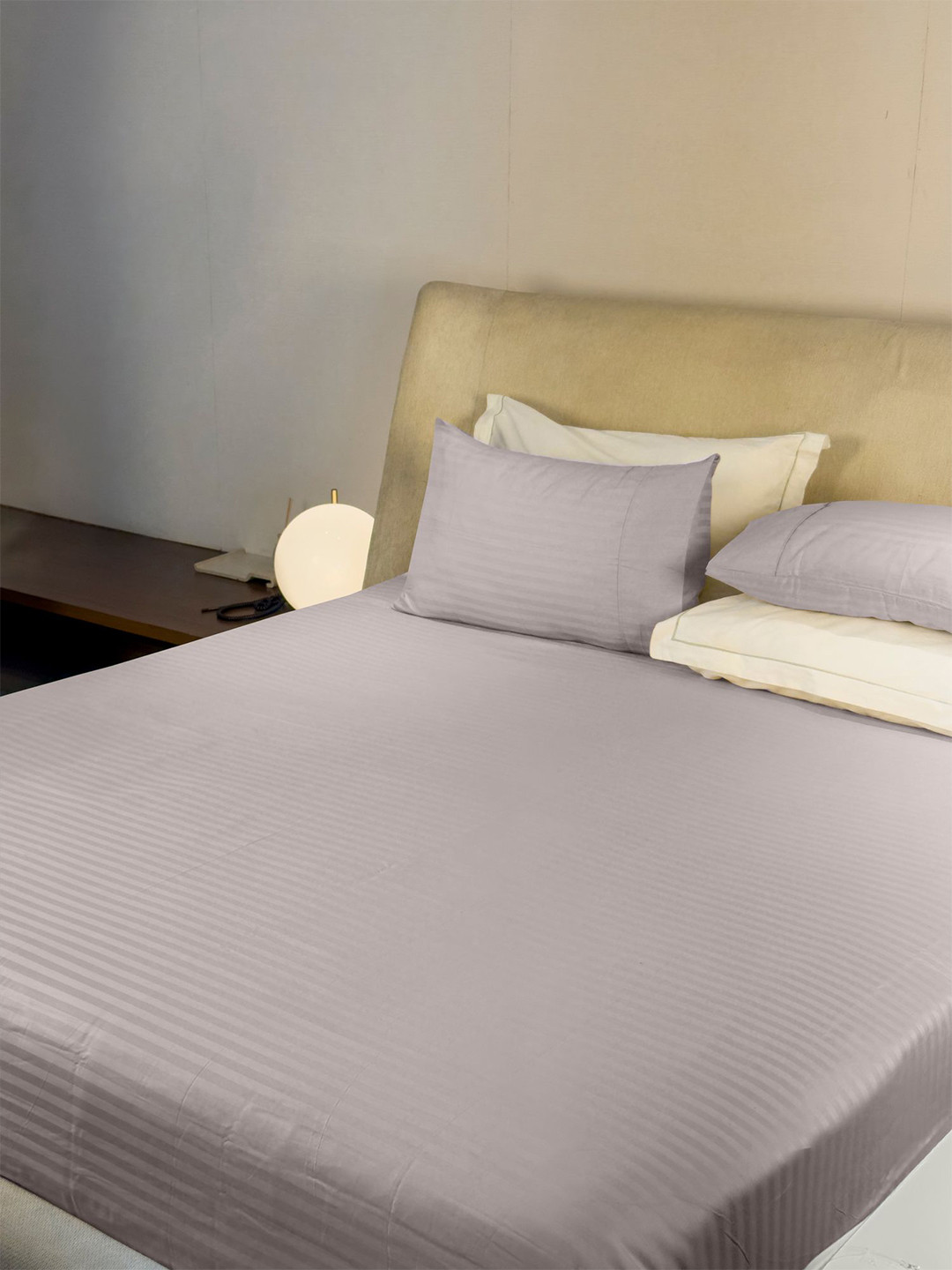 LABHAM Simple Living Grey Striped Poly Satin 210 TC King Fine Bedsheet with 2 Pillow Covers-108 x 108 inches