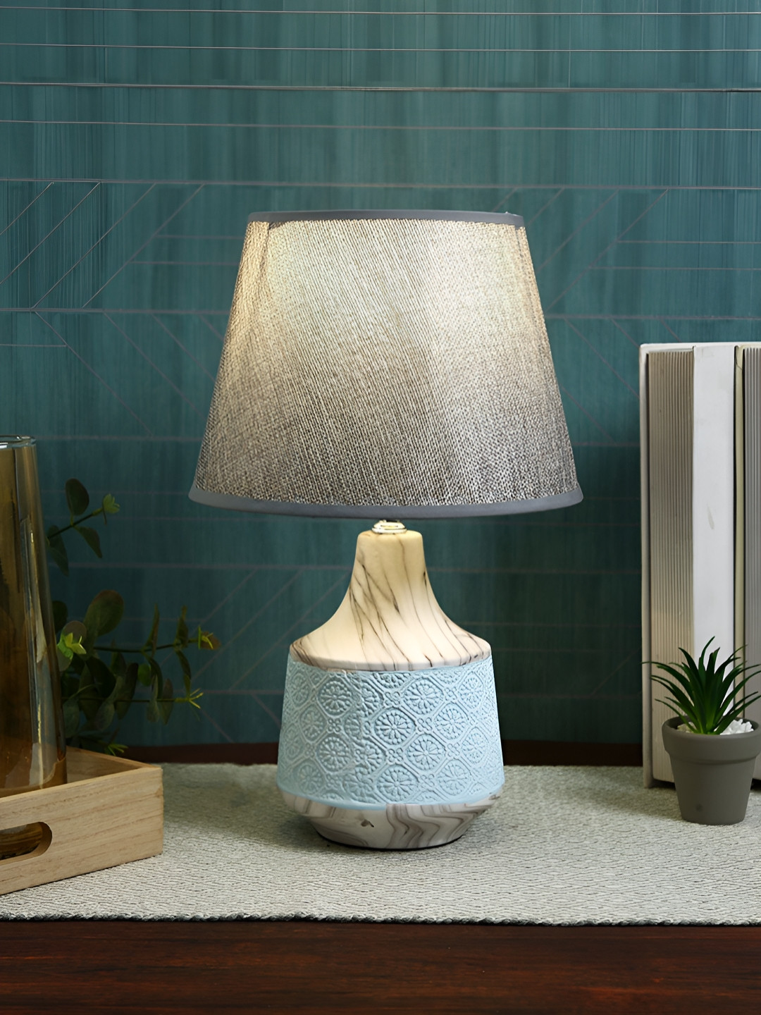 TAYHAA Grey & Blue Textured Ceramic Contemporary Frusturical Shaped Table Lamp