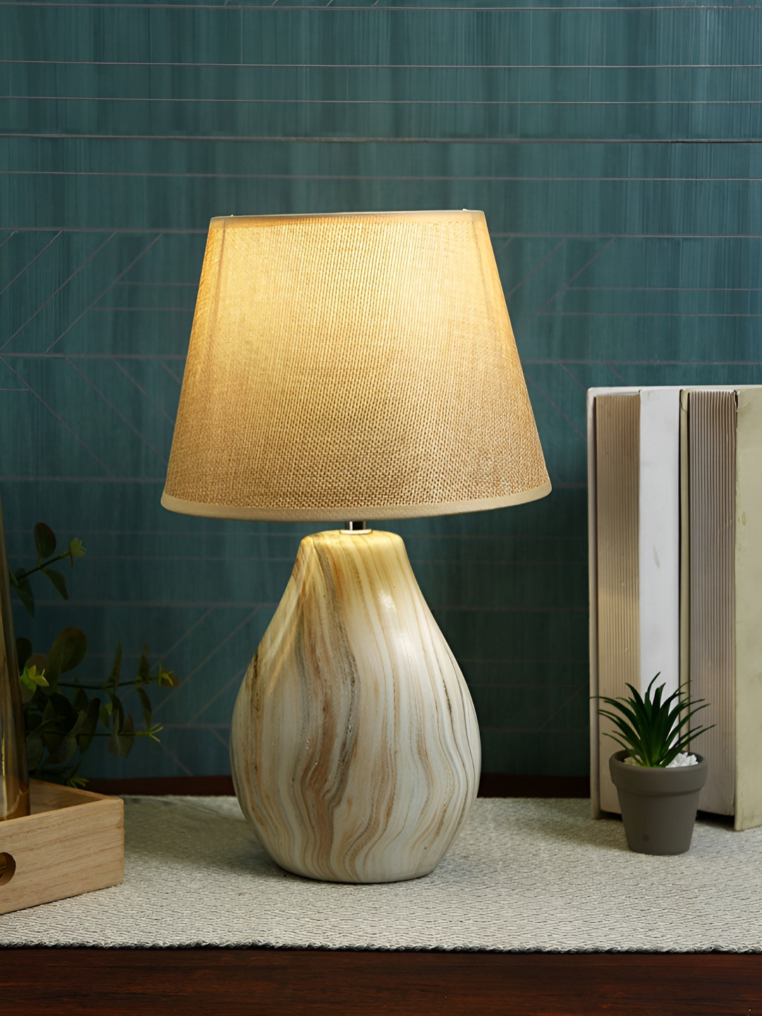 TAYHAA Beige & White Ceramic Industrial Frustum Shaped Table Lamp