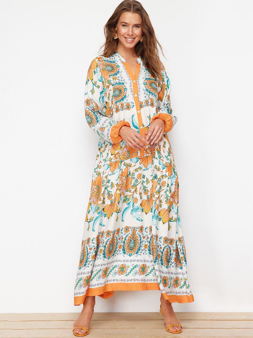 Trendyol Floral Print Puff Sleeve Maxi Casual Dress