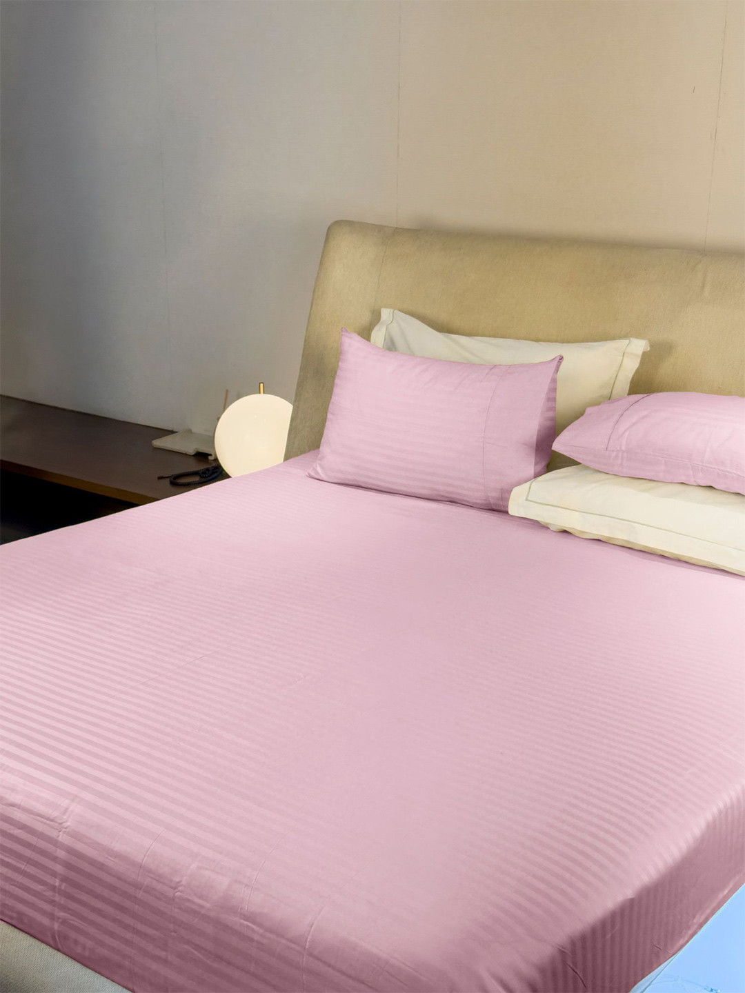 LABHAM Simple Living Pink Striped 210 TC Satin King Bedsheet With 2 Pillow Covers