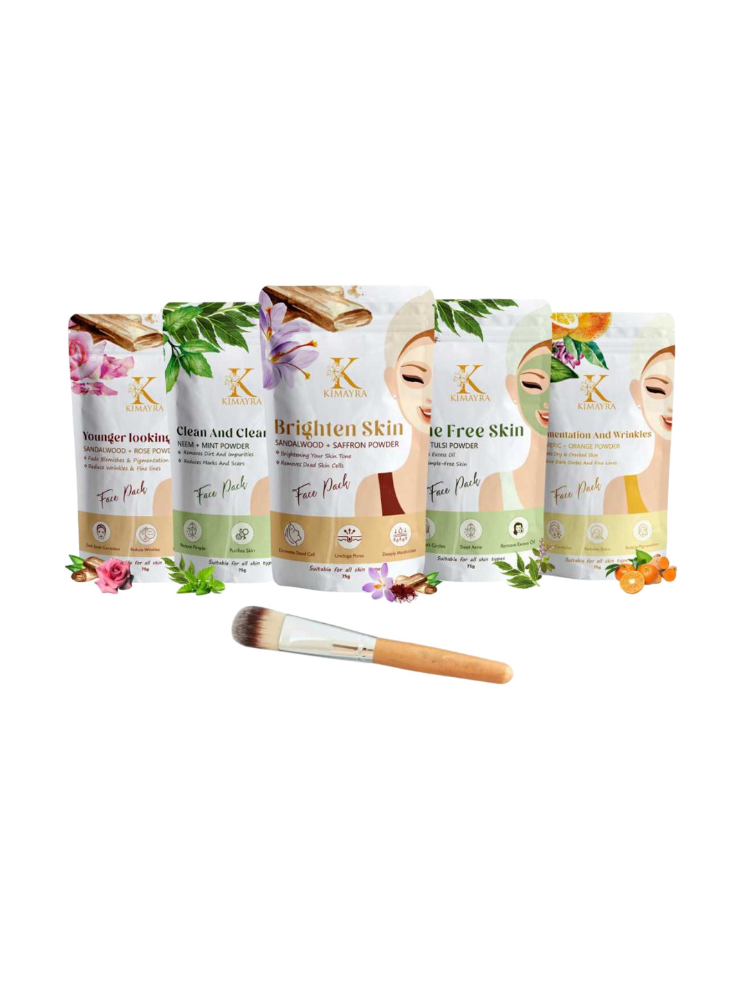 Kimayra World Set Of 5 Sandalwood, Neem, Saffron, Tulsi & Orange Powder Face Packs