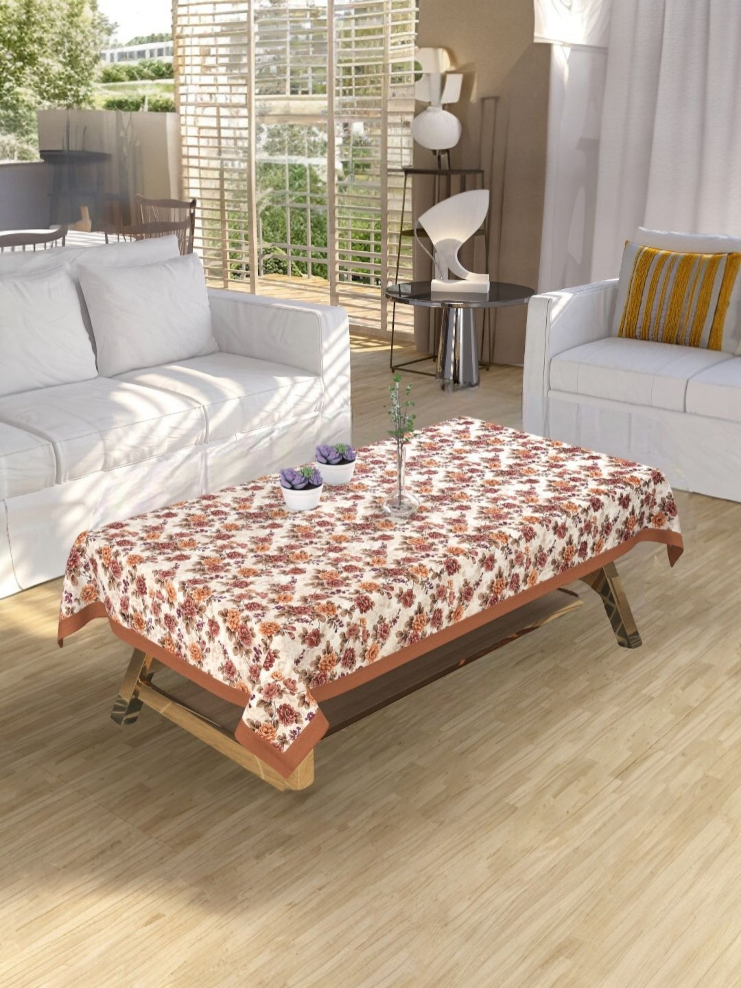 BIGGER FISH Luxurious Brown & Beige Floral Printed Rectangle 4-Seater Velvet Table Cover