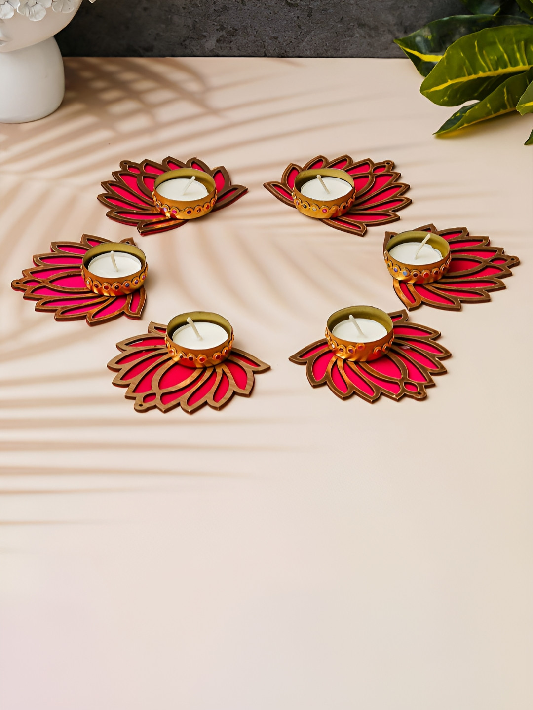 eCraftIndia Gold-Toned & Pink 6 Pieces Lotus Flower Candle Holders