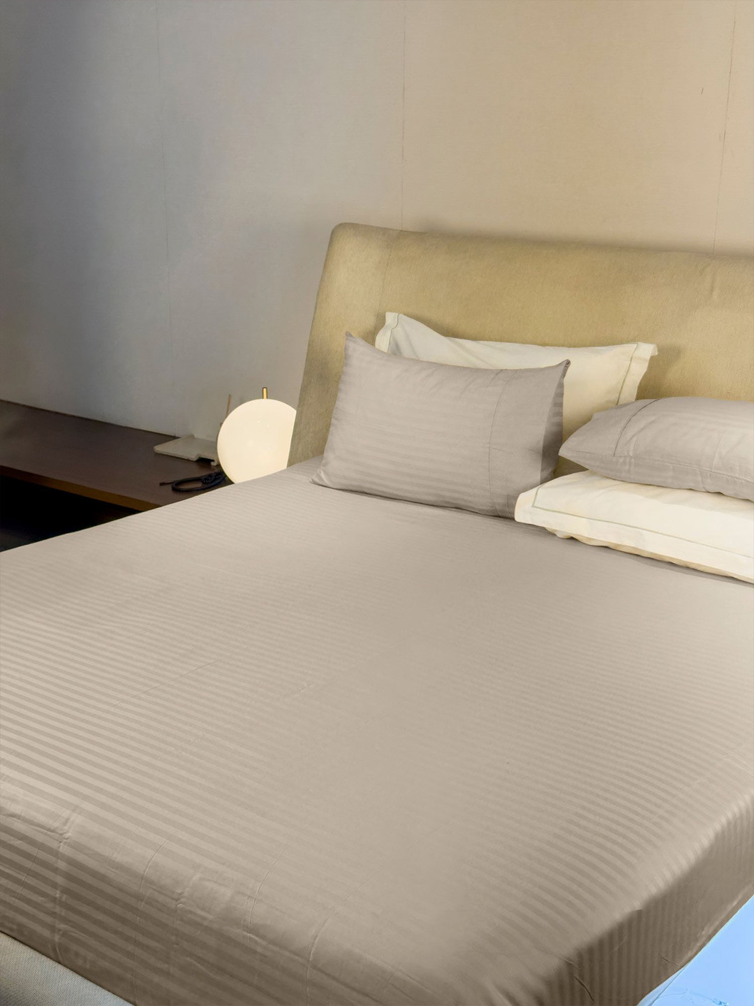 LABHAM Simple Living Beige Striped 210 TC Satin King Bedsheet With 2 Pillow Covers