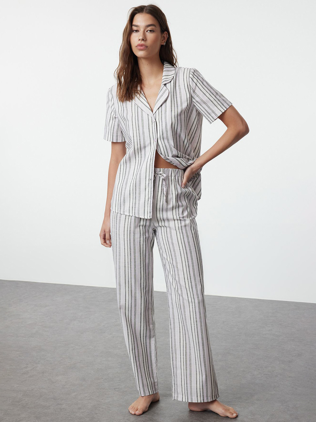Trendyol Women Lepel Collar Striped Night suit
