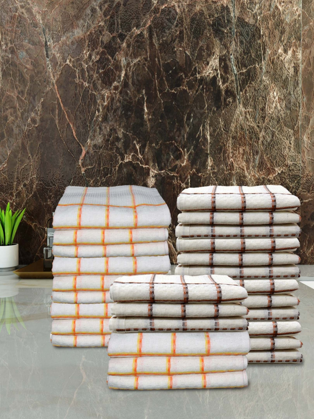 Aura White and Orange 24 Pieces Checked Cotton 210 GSM Hand Towels