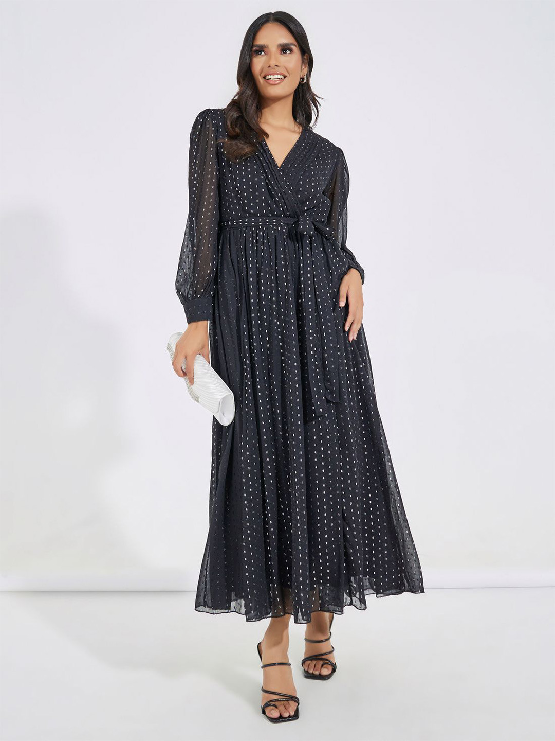 Styli Women Self Design V-Neck Volume Sleeves Wrap A-Line Maxi Dress