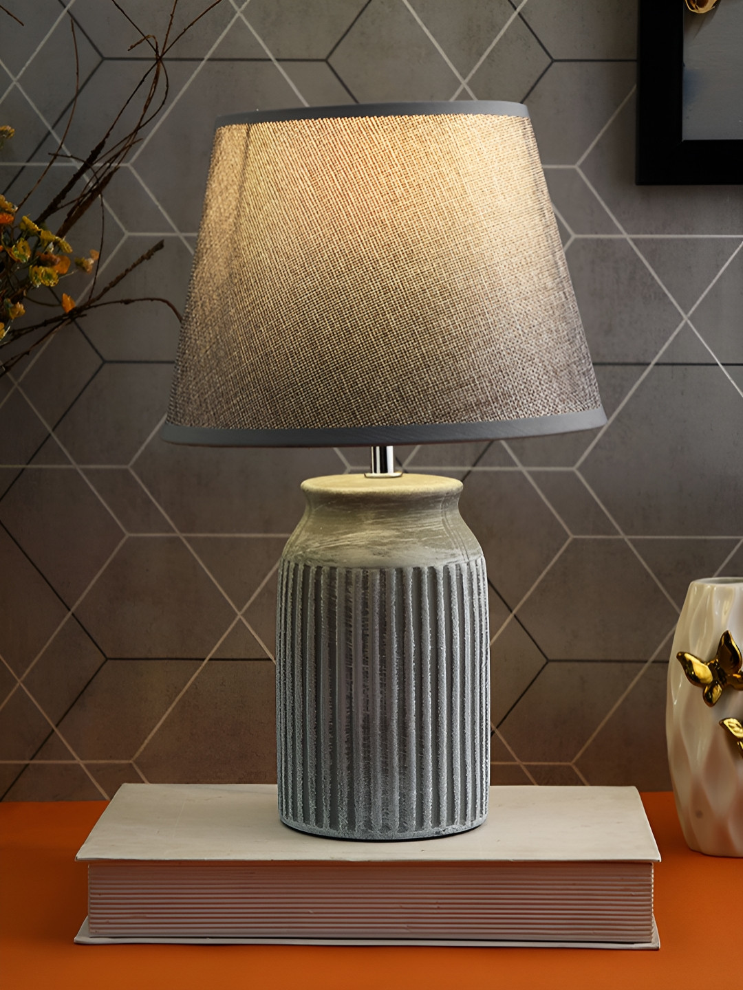 TAYHAA Grey Textured Ceramic Contemporary Frusturical Shaped Table Lamp
