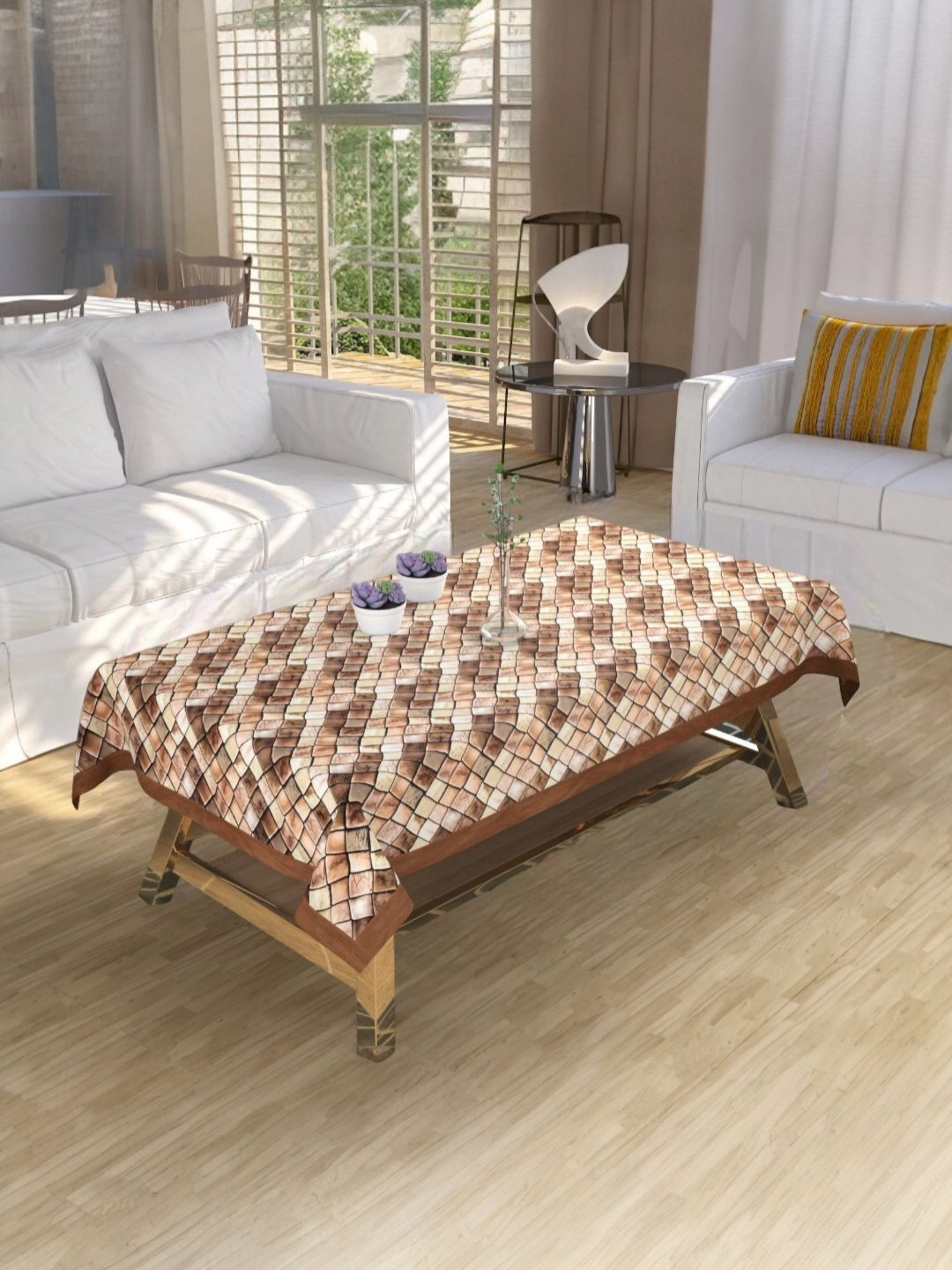 BIGGER FISH Luxurious Brown & Beige Geometric Printed Rectangle 4-Seater Velvet TableCover