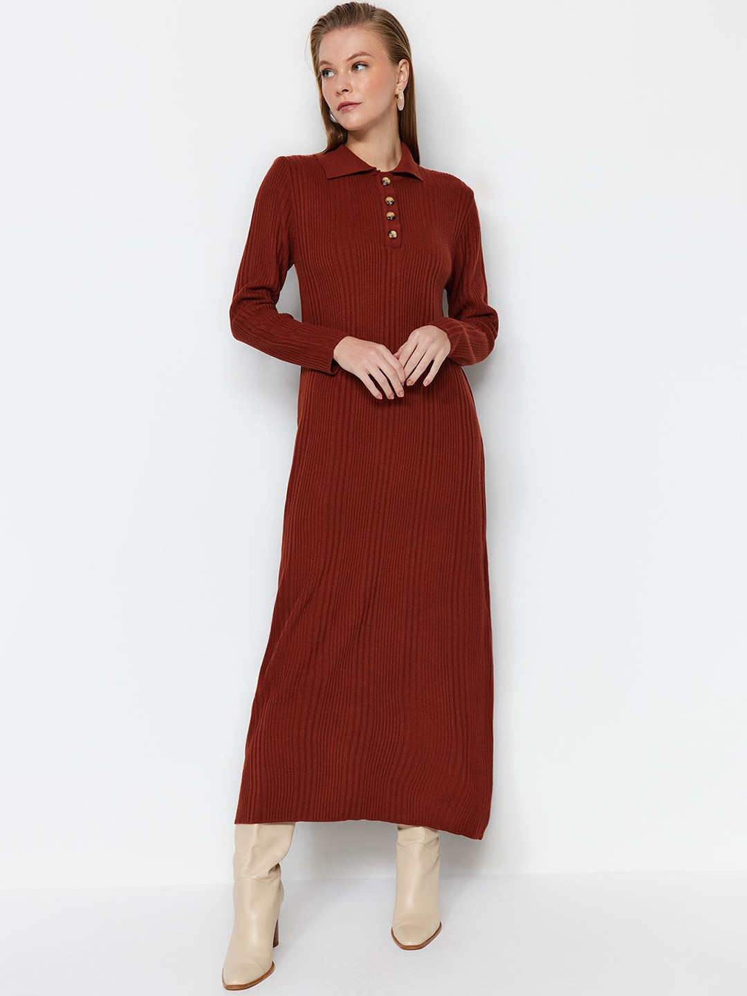 Trendyol Maxi Shirt Collar Solid Long Sleeves Dress
