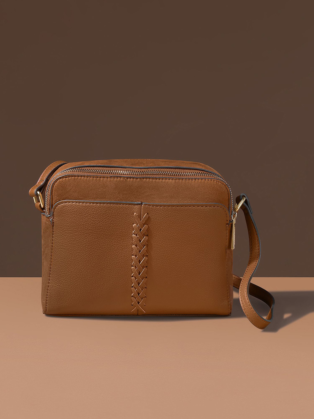 Accessorize Women Faux Leather Breia Braided Double Zip Sling Bag