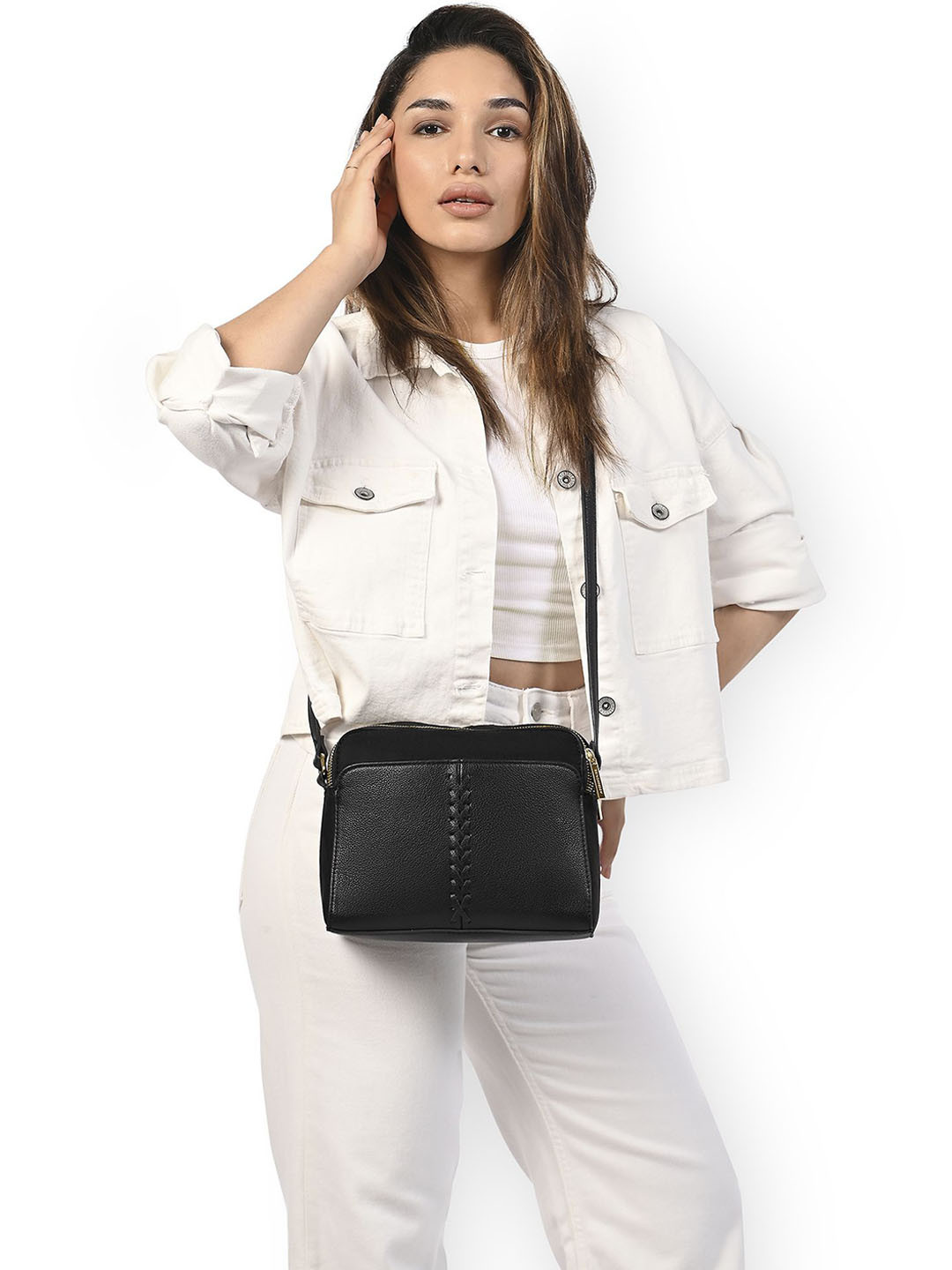 Accessorize Women Faux Leather Breia Braided Double Zip Sling Bag