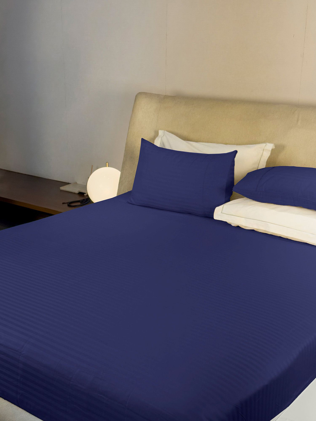 LABHAM Simple Living Blue Striped 210 TC Satin King Bedsheet With 2 Pillow Covers