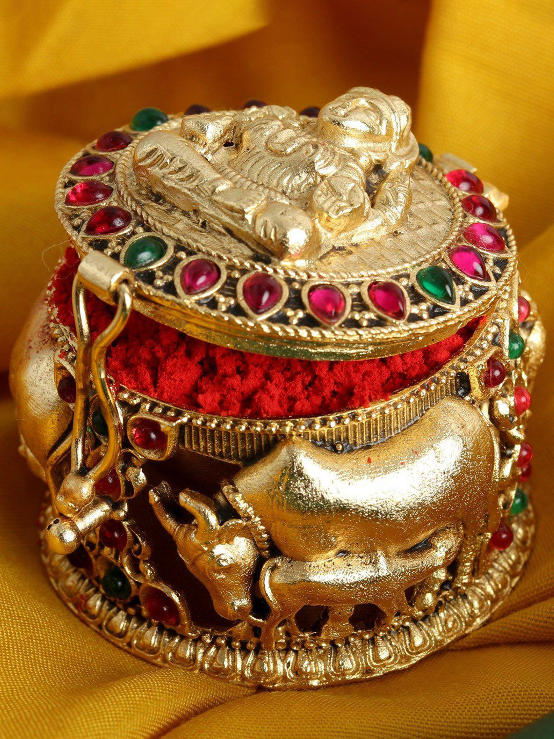 Exotic India Goddess Lakshmi and Cow Calf Brass With Stone Work Sindoor Box