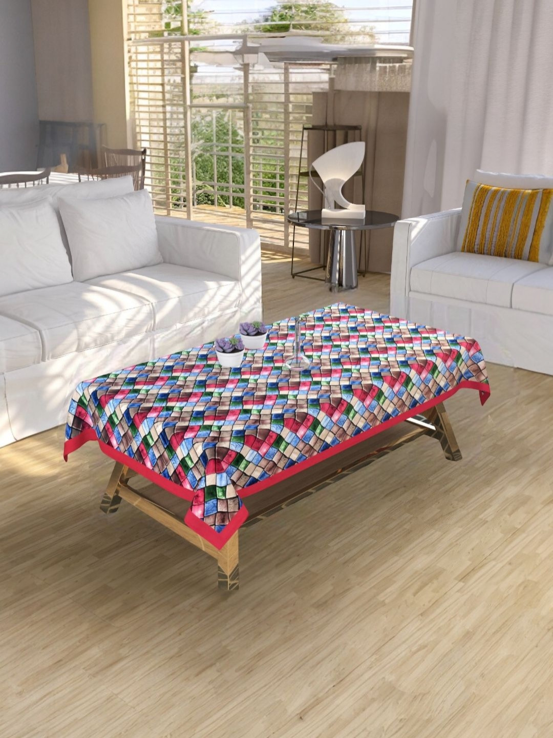 BIGGER FISH Luxurious Maroon & Blue Geometric Printed Rectangle 4-Seater Velvet TableCover