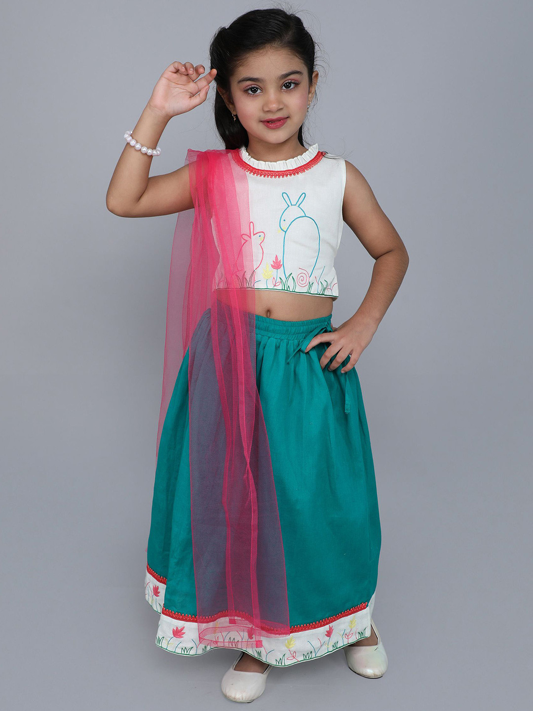 MANY FROCKS & Girls Embroidered Thread Work Ready to Wear Lehenga & Blouse With Dupatta