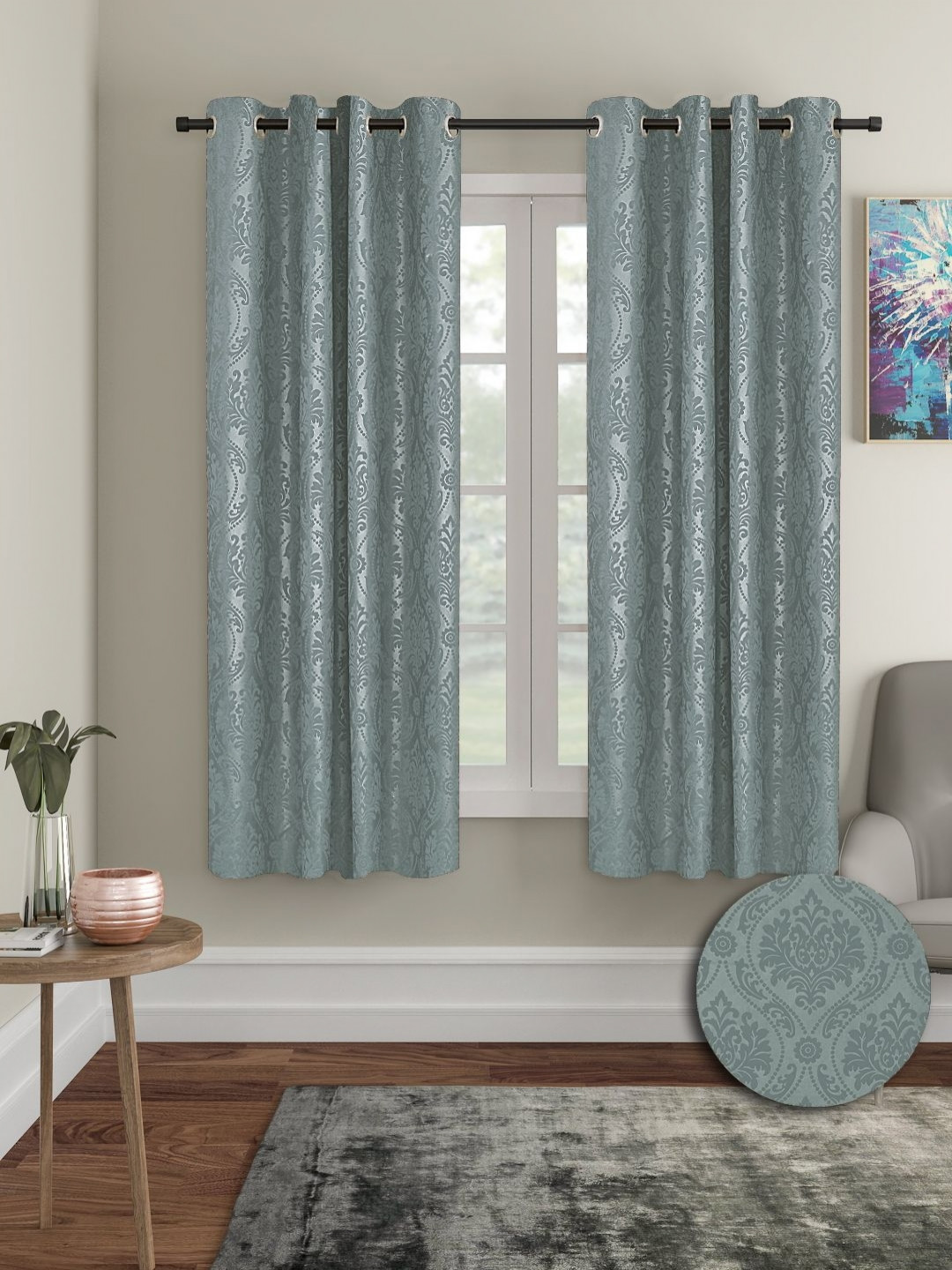 Cortina Grey 2 Pieces Floral Window Curtains