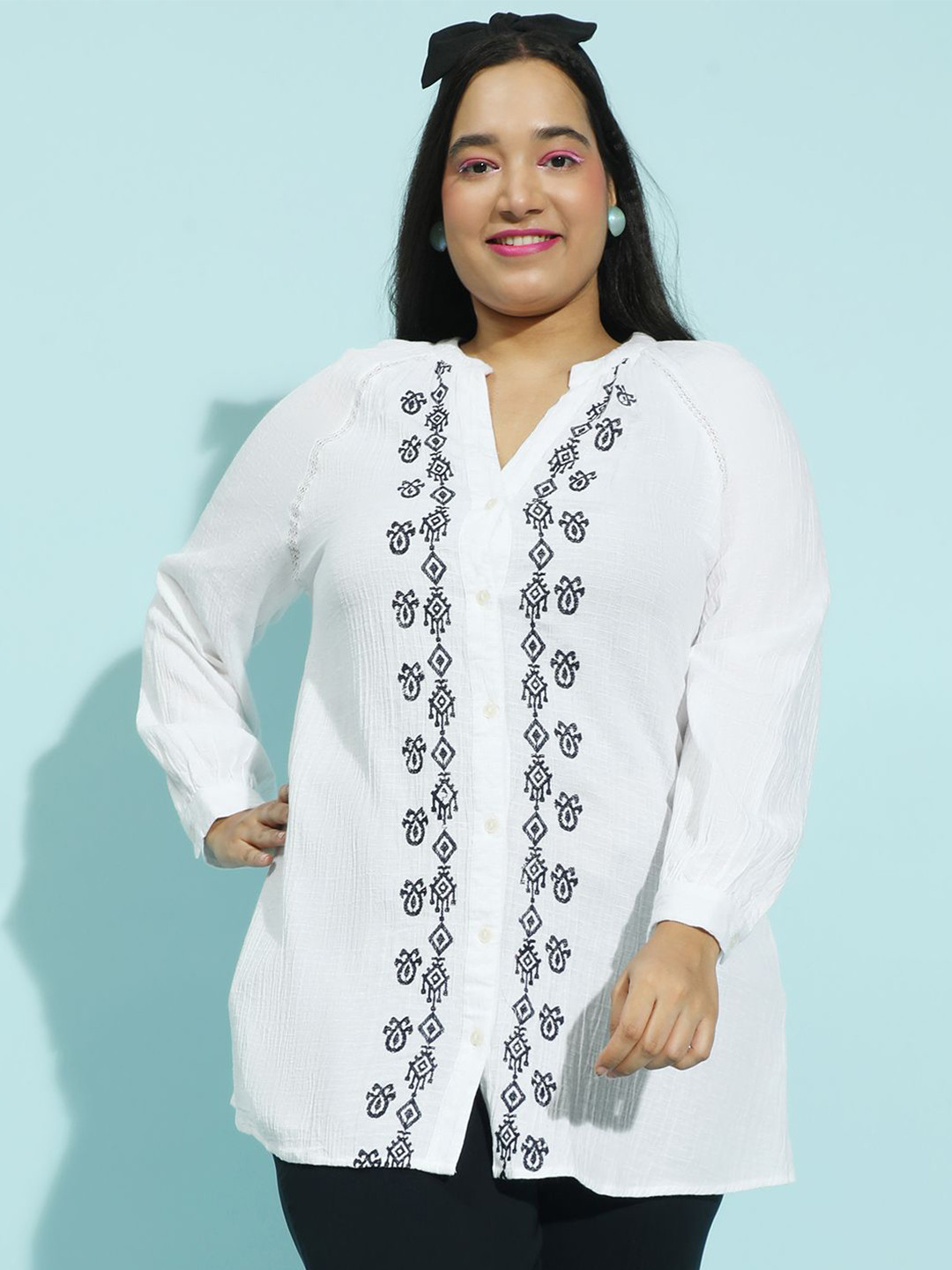 Oxolloxo Women Plus Size Embroidered V- Neck Long Sleeve Button Down Cotton Tunic
